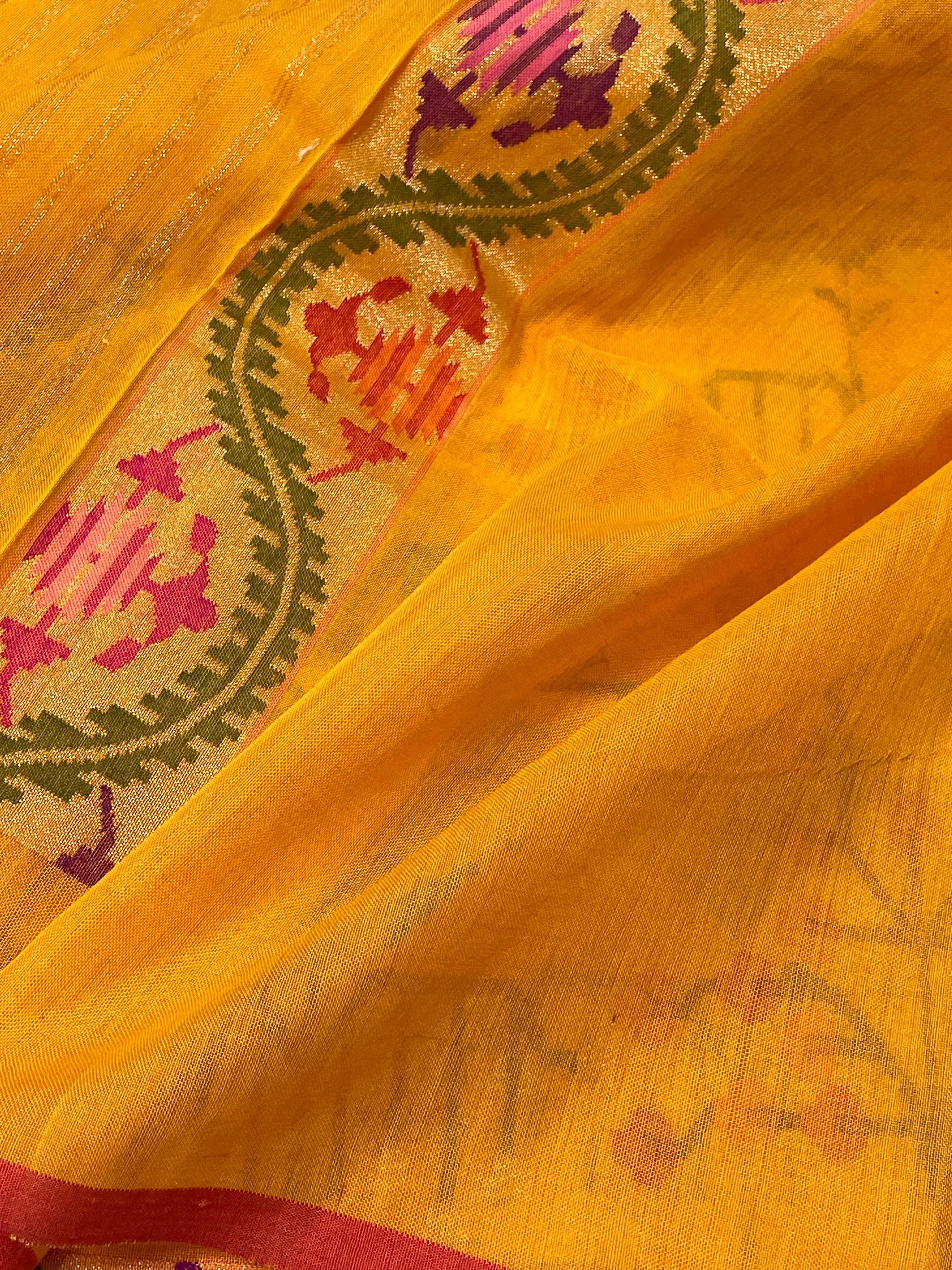 Yellow Banarasi cotton Jamdani Handwoven Saree with Real Zari