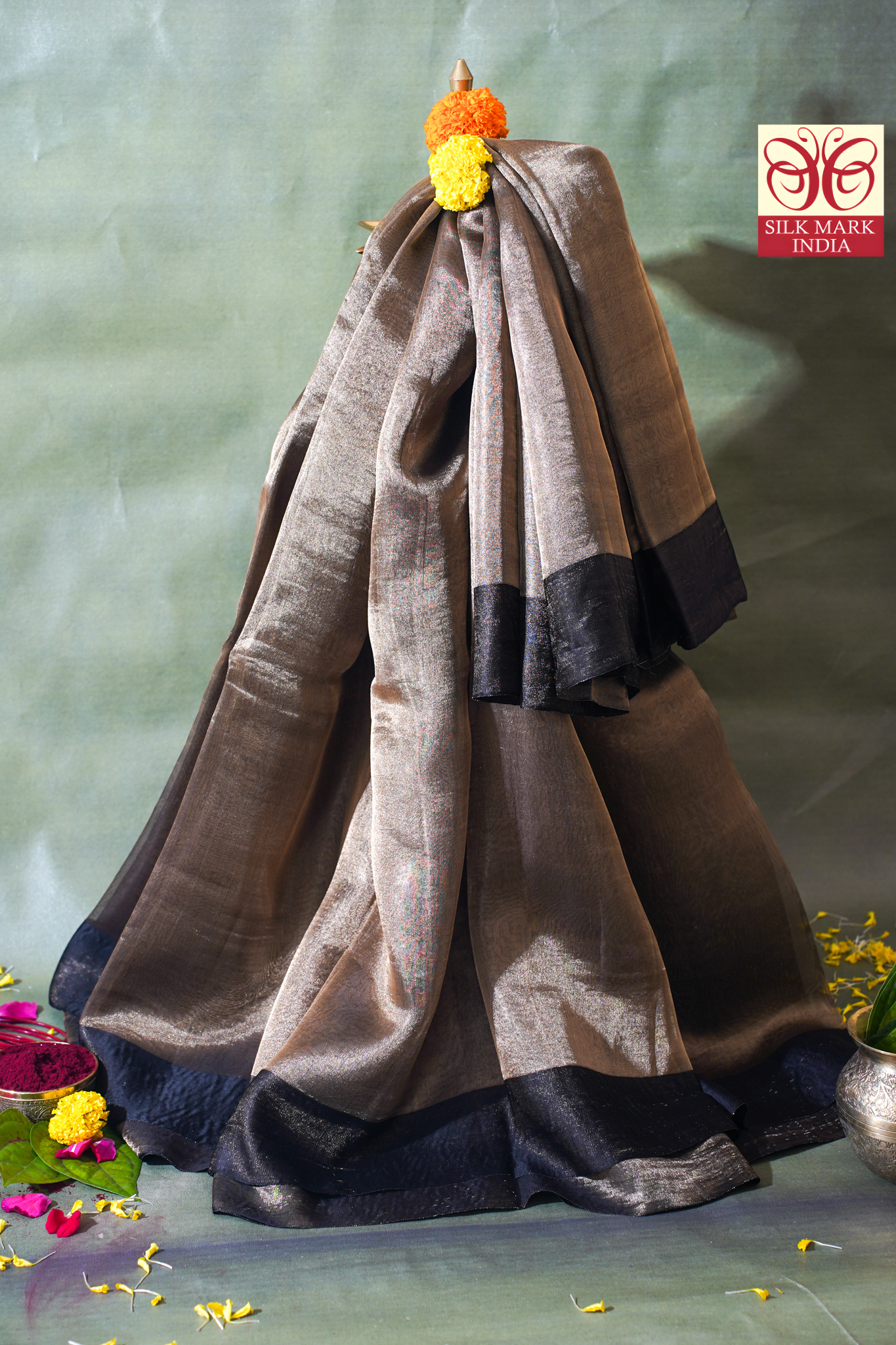 Charcoal Silver Banarasi Tissue Saree with Navy Satin Border
