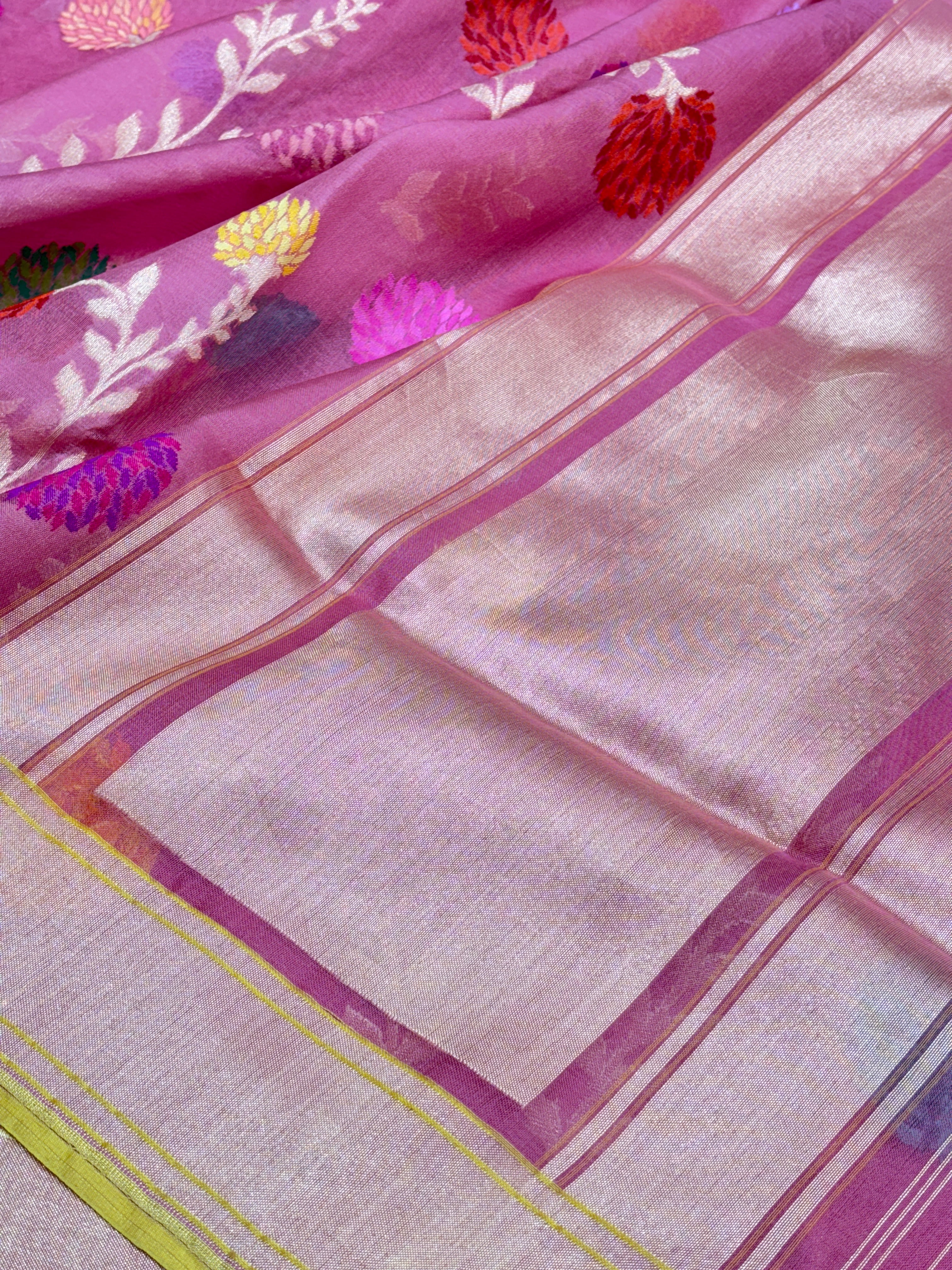 Blush Pink Pure Banarasi Ektara Kora Jamdani Silk Handwoven Saree