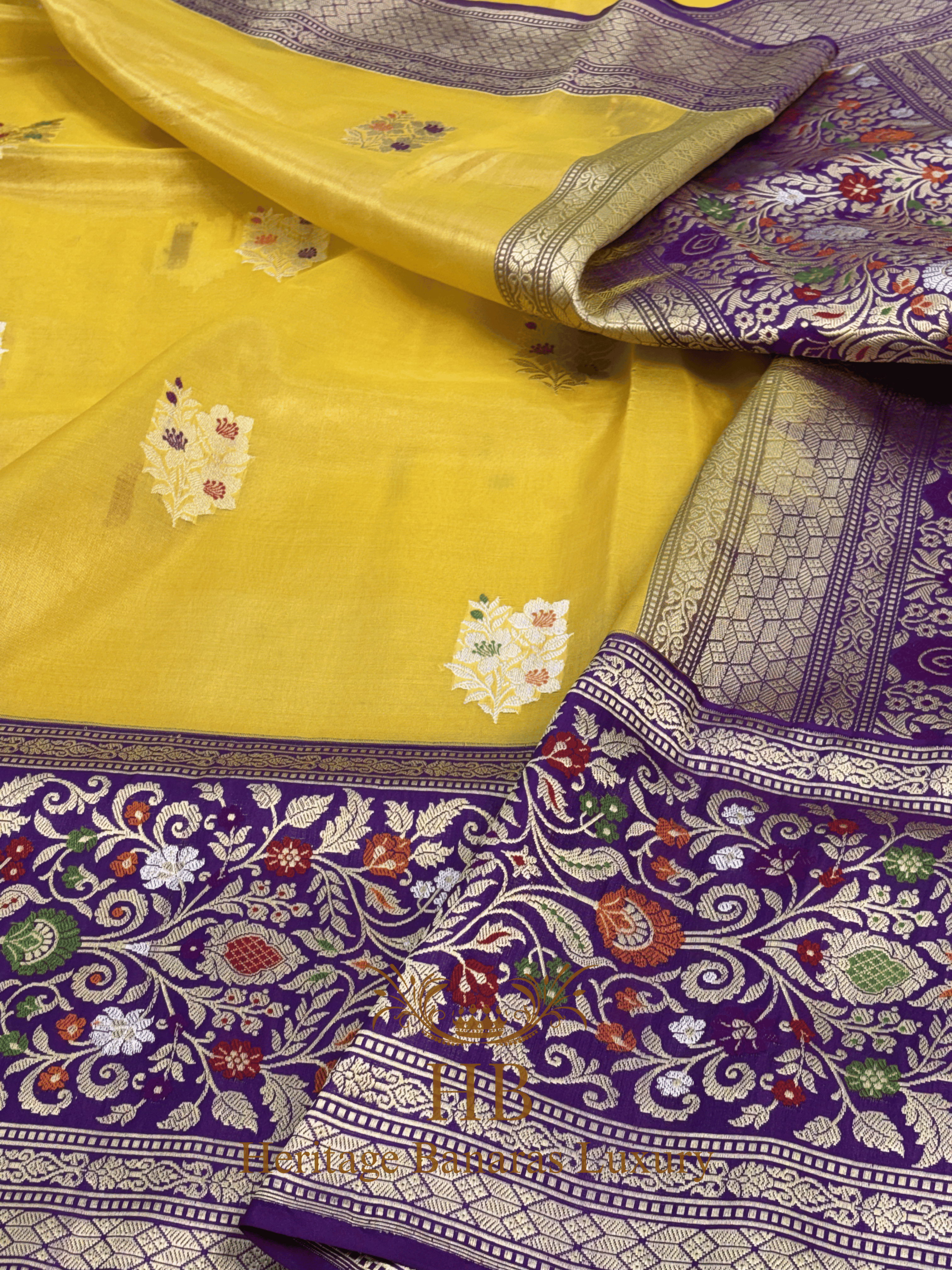 Yellow Handwoven Banarasi Pure Banarasi Tissue Silk Saree with Purple Kadhiyal Border