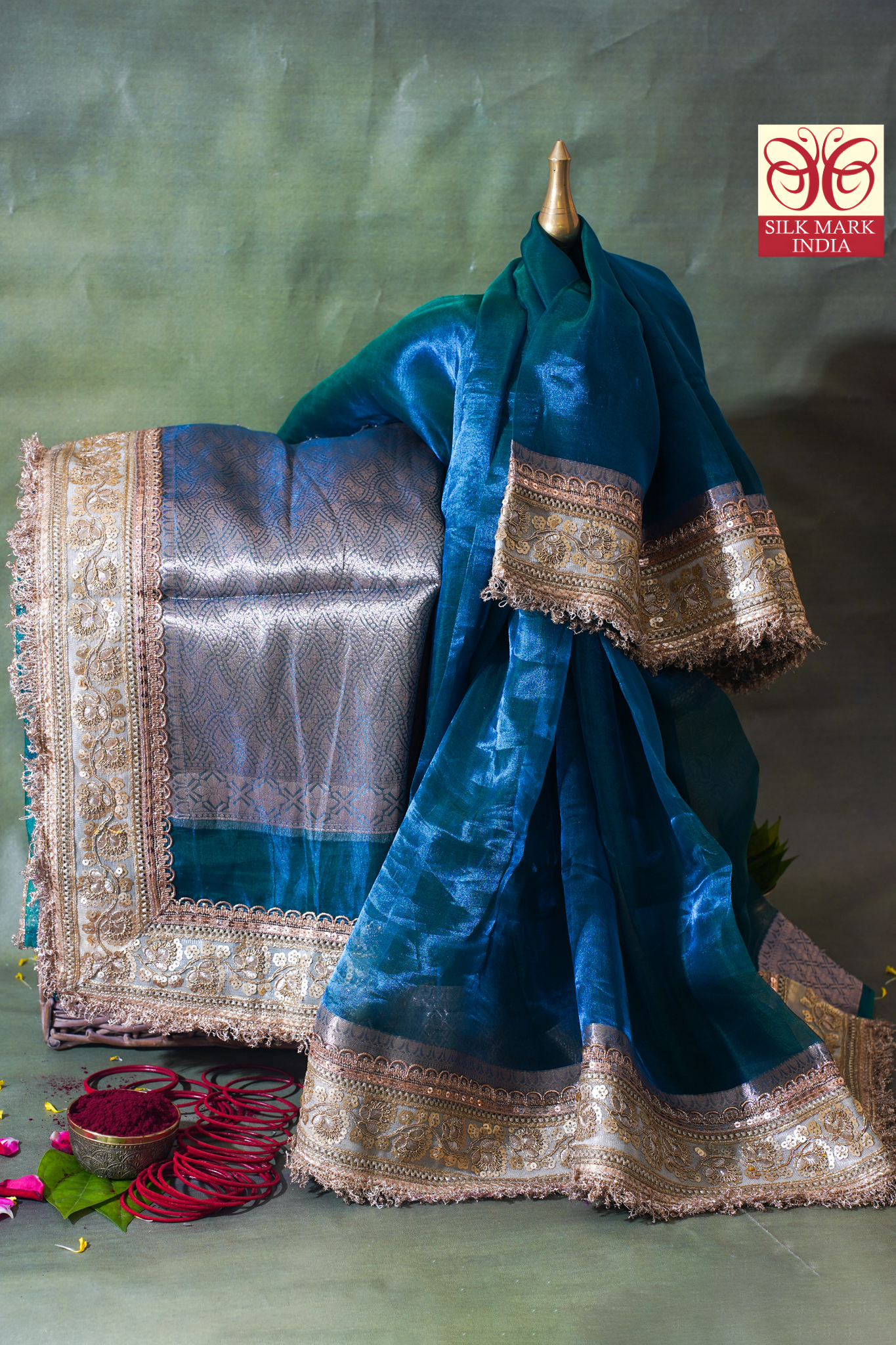 Teal Green Banarasi Pure Tissue Silk Saree with Sequined Lace Border