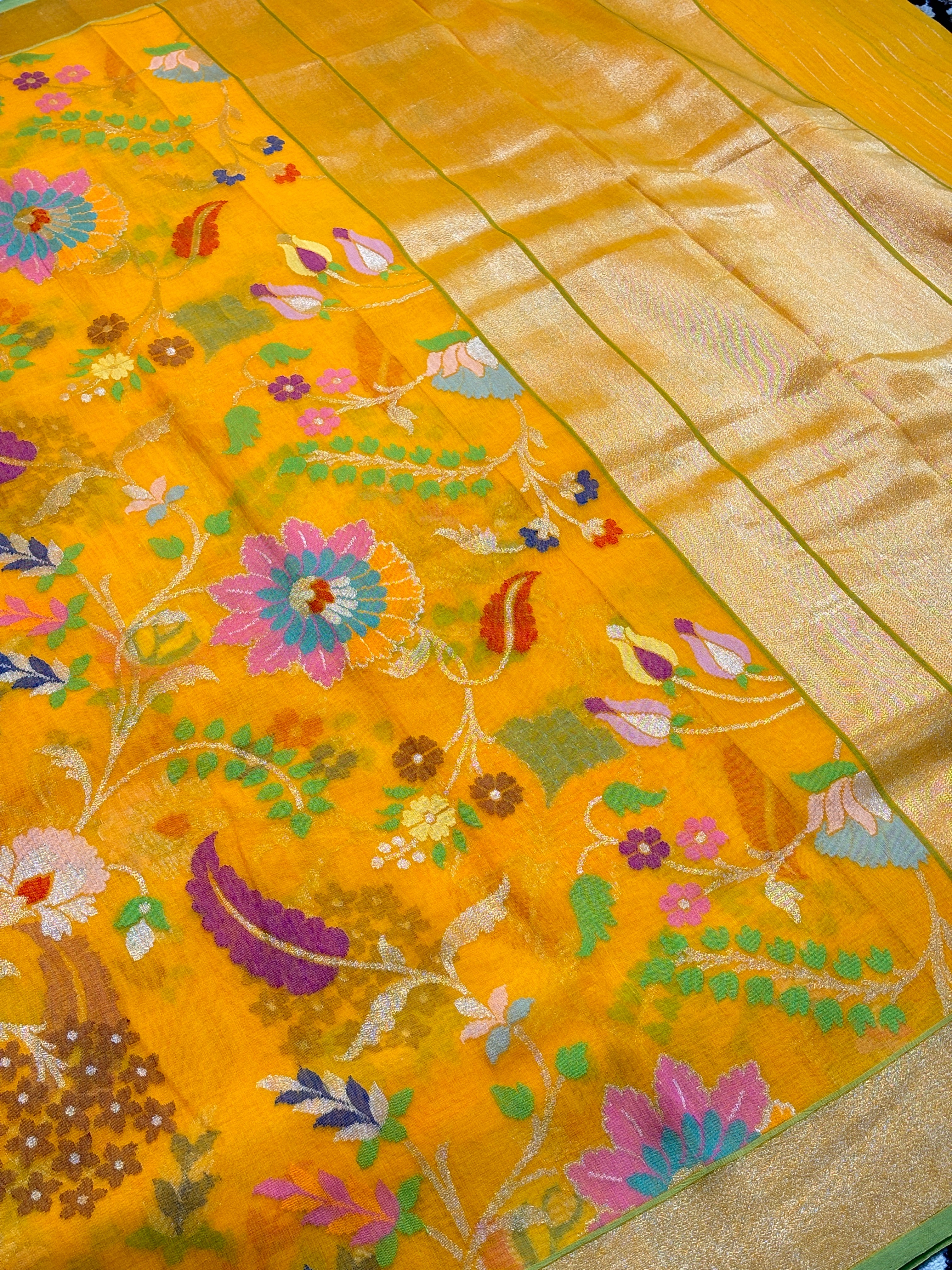 Yellow Banarasi kora cotton Handwoven Saree with Real Zari