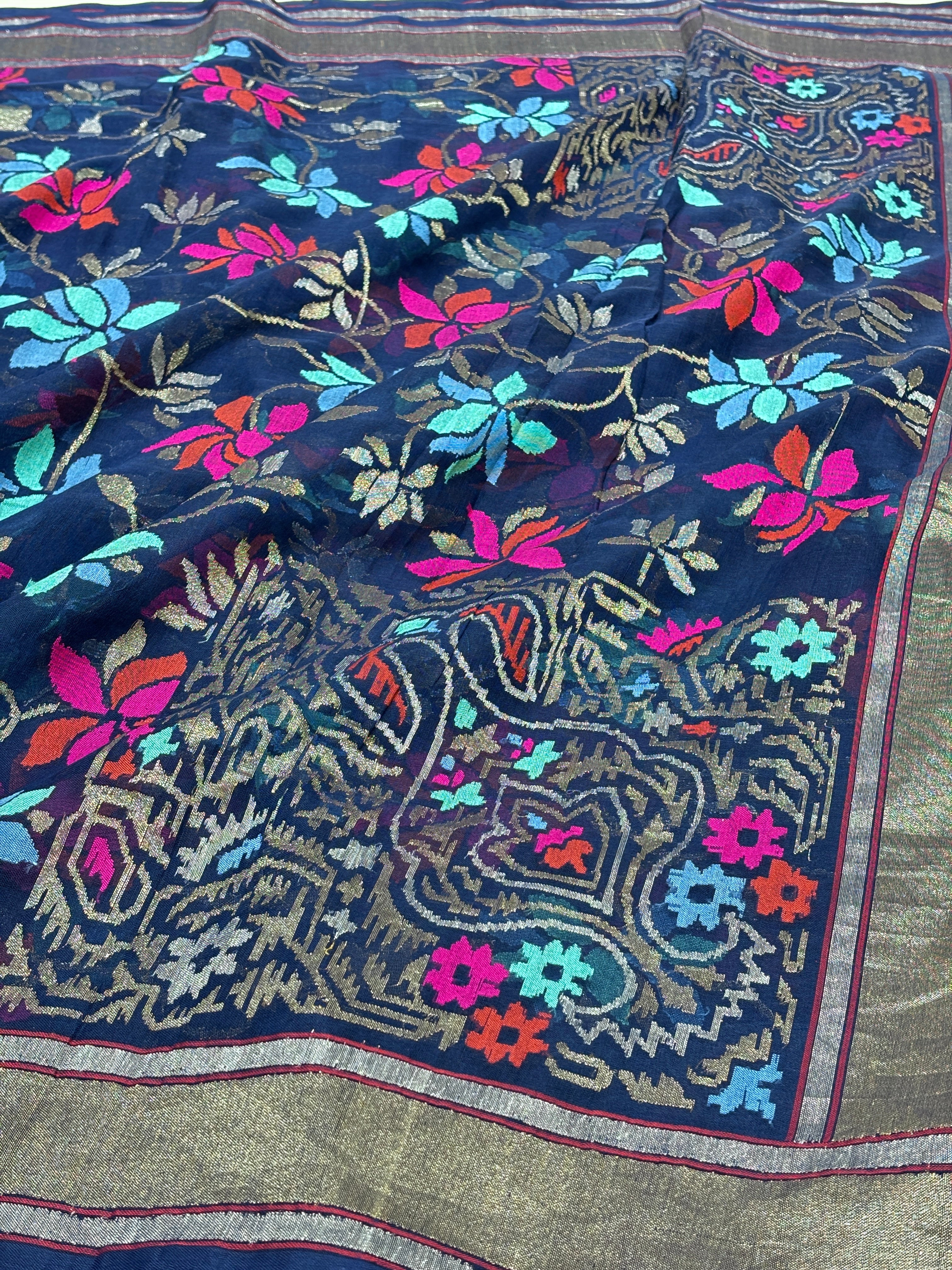 Navy Blue Pure Banarasi Tissue Handwoven Saree with Real Zari