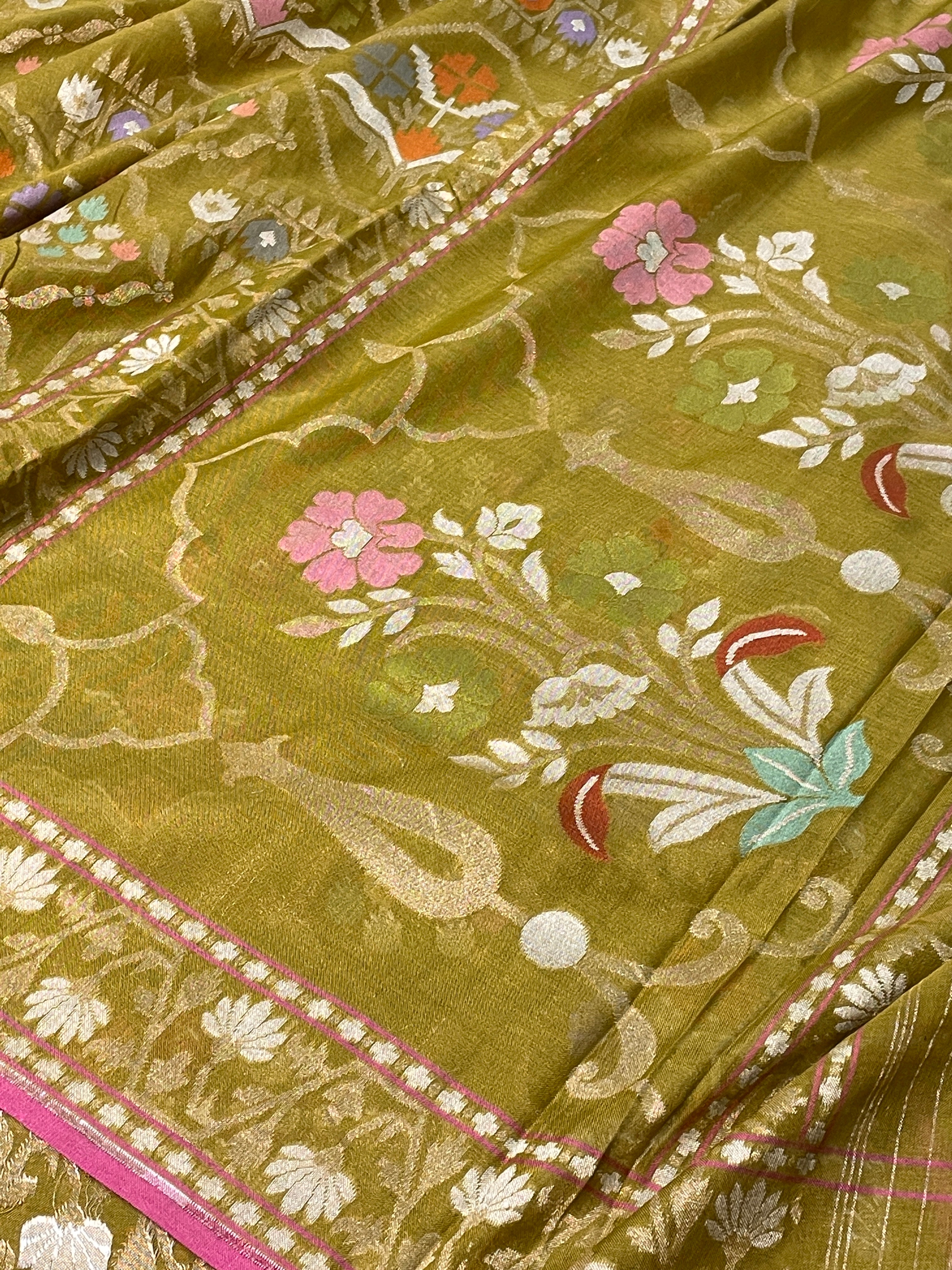 Mehandi Green Banarasi cotton Jamdani handloom Saree