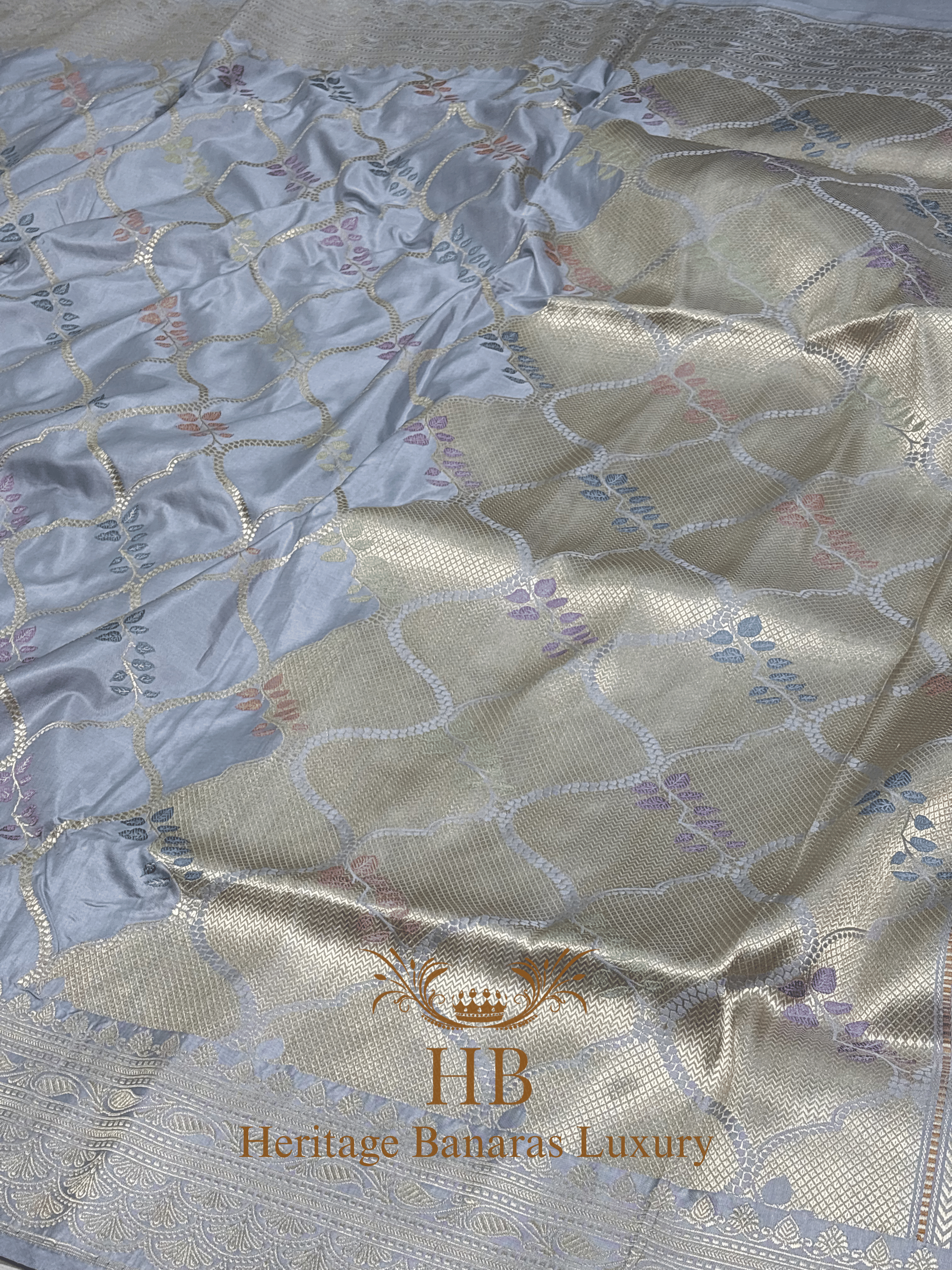 Pure Steel Grey Banarasi Katan Silk Handwoven Saree with Zari Work