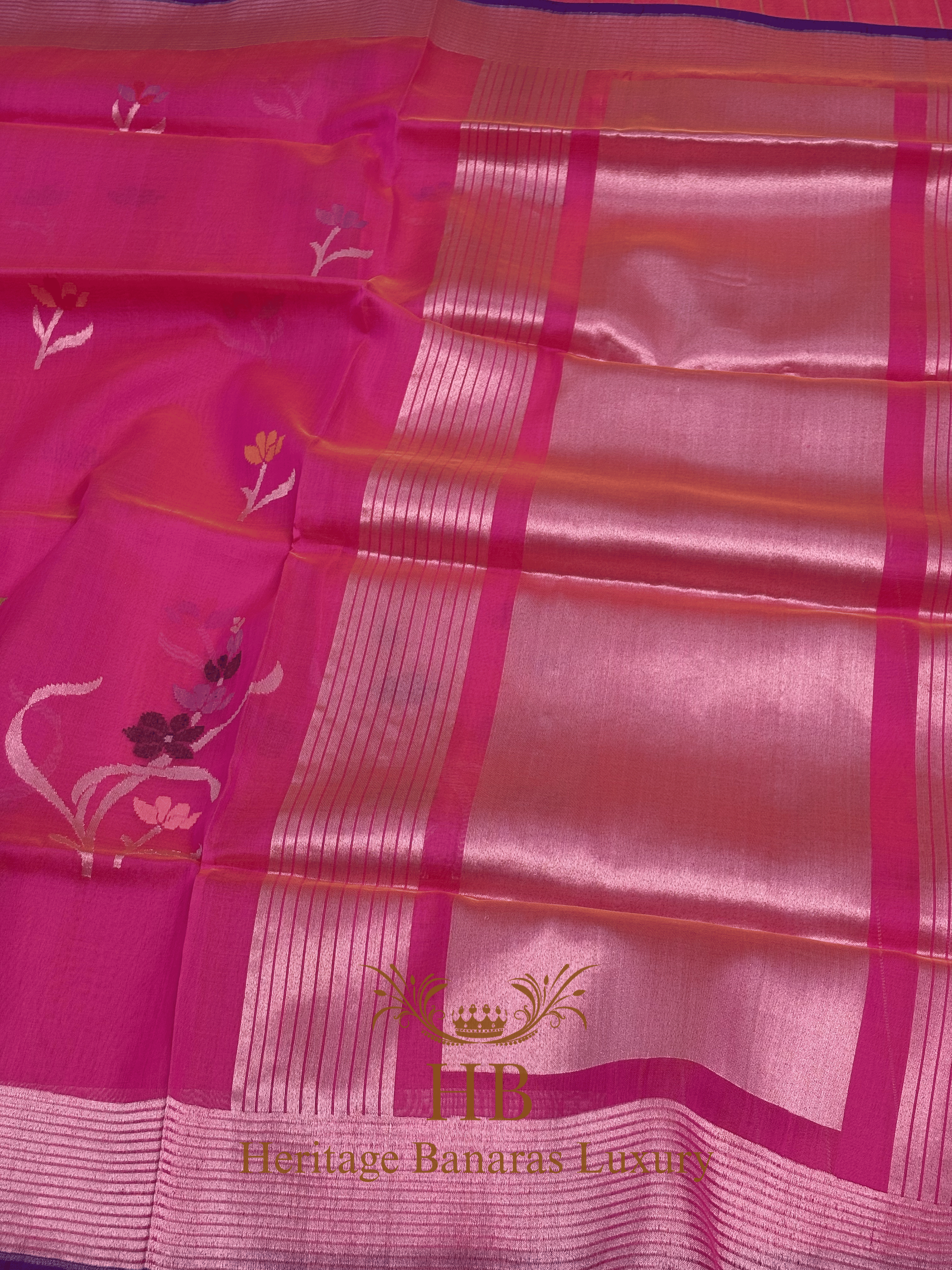 Rani Pink Handwoven Banarasi Pure Kora Silk Saree