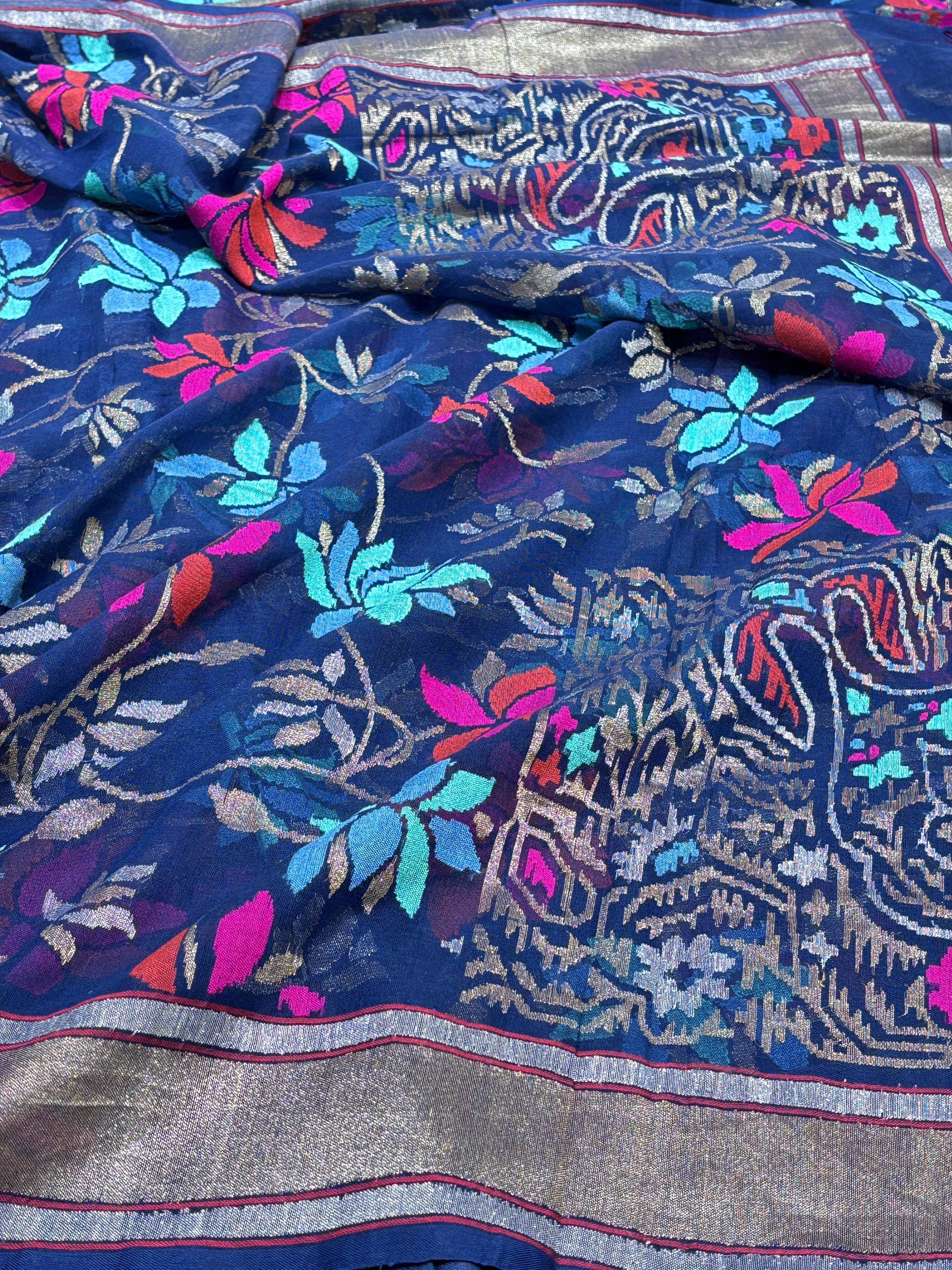 Navy Blue Pure Banarasi Tissue Handwoven Saree with Real Zari
