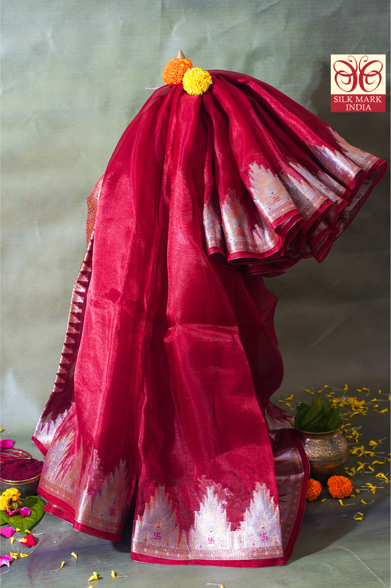 Ruby Red Banarasi Pure Tissue Silk Saree