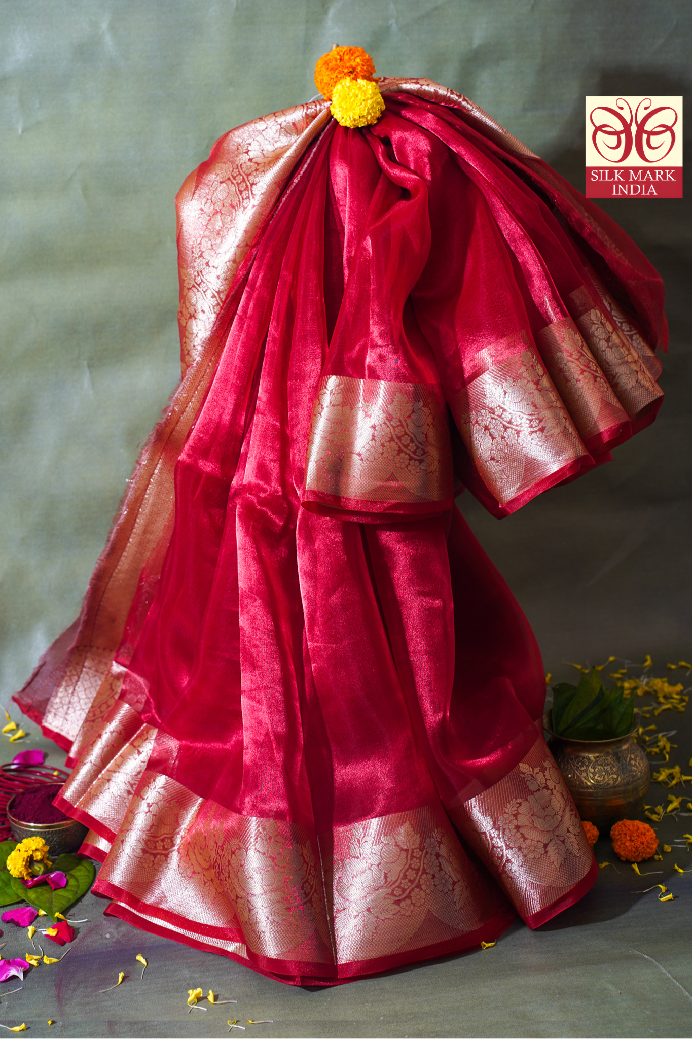 Crimson Red Banarasi Pure Tissue Silk Saree