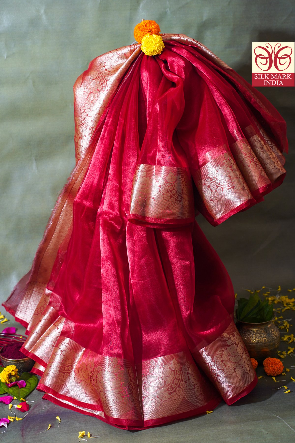 Crimson Red Banarasi Pure Tissue Silk Saree