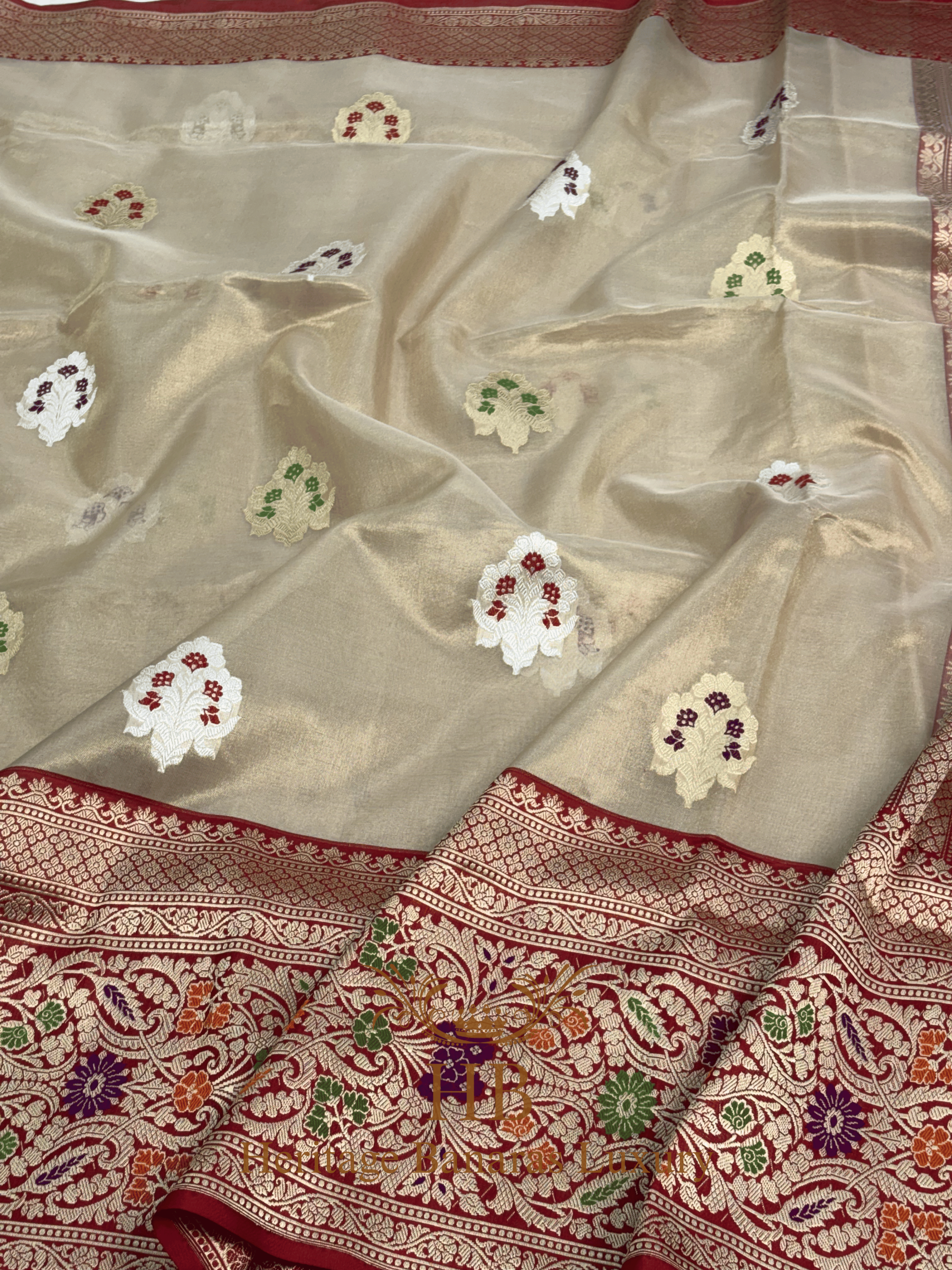 Ivory Handwoven Banarasi Pure Banarasi Tissue Silk Saree with Red Kadhiyal Border