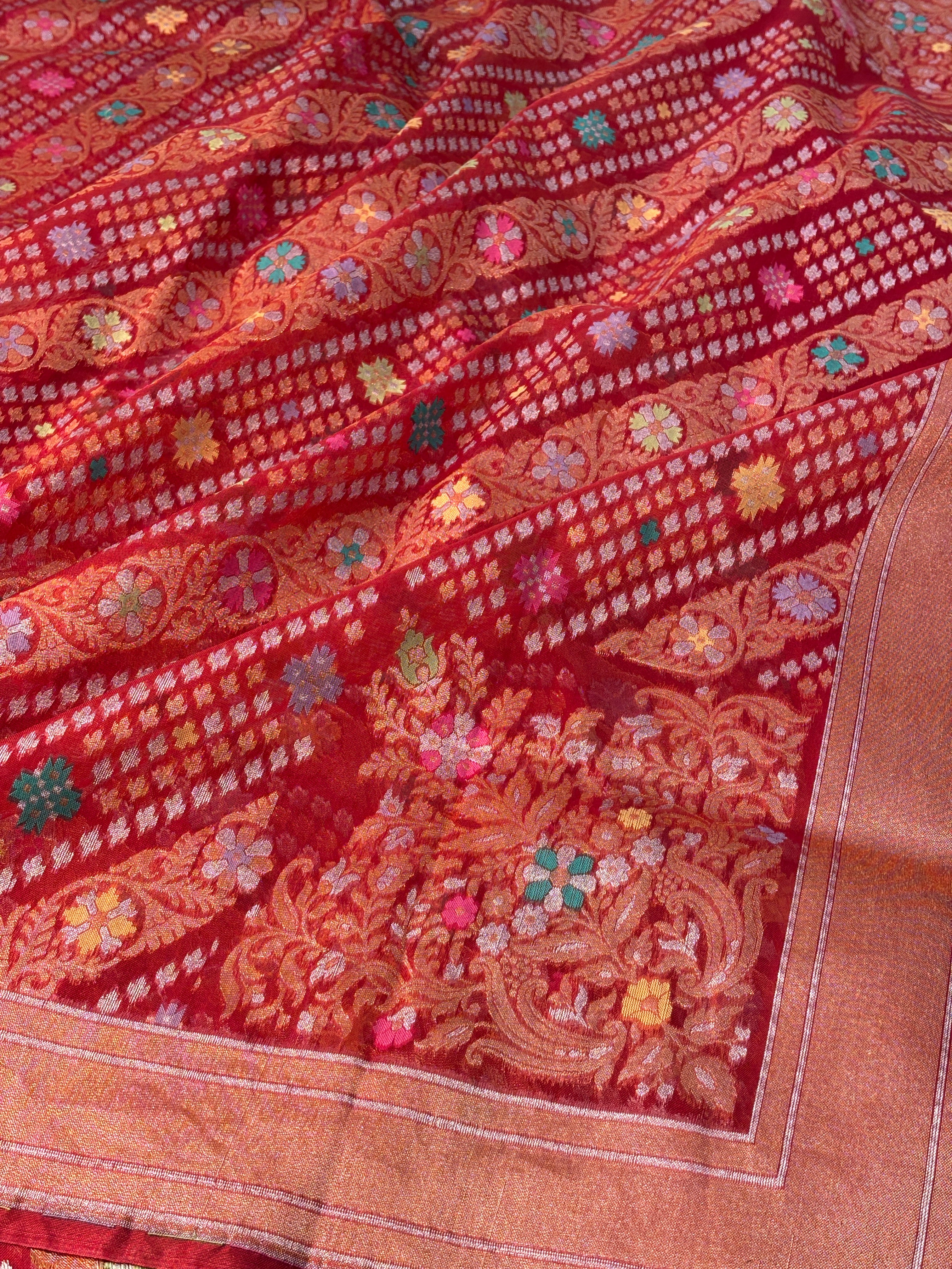 Red Banarasi Kora Jamdani Silk Handwoven Saree