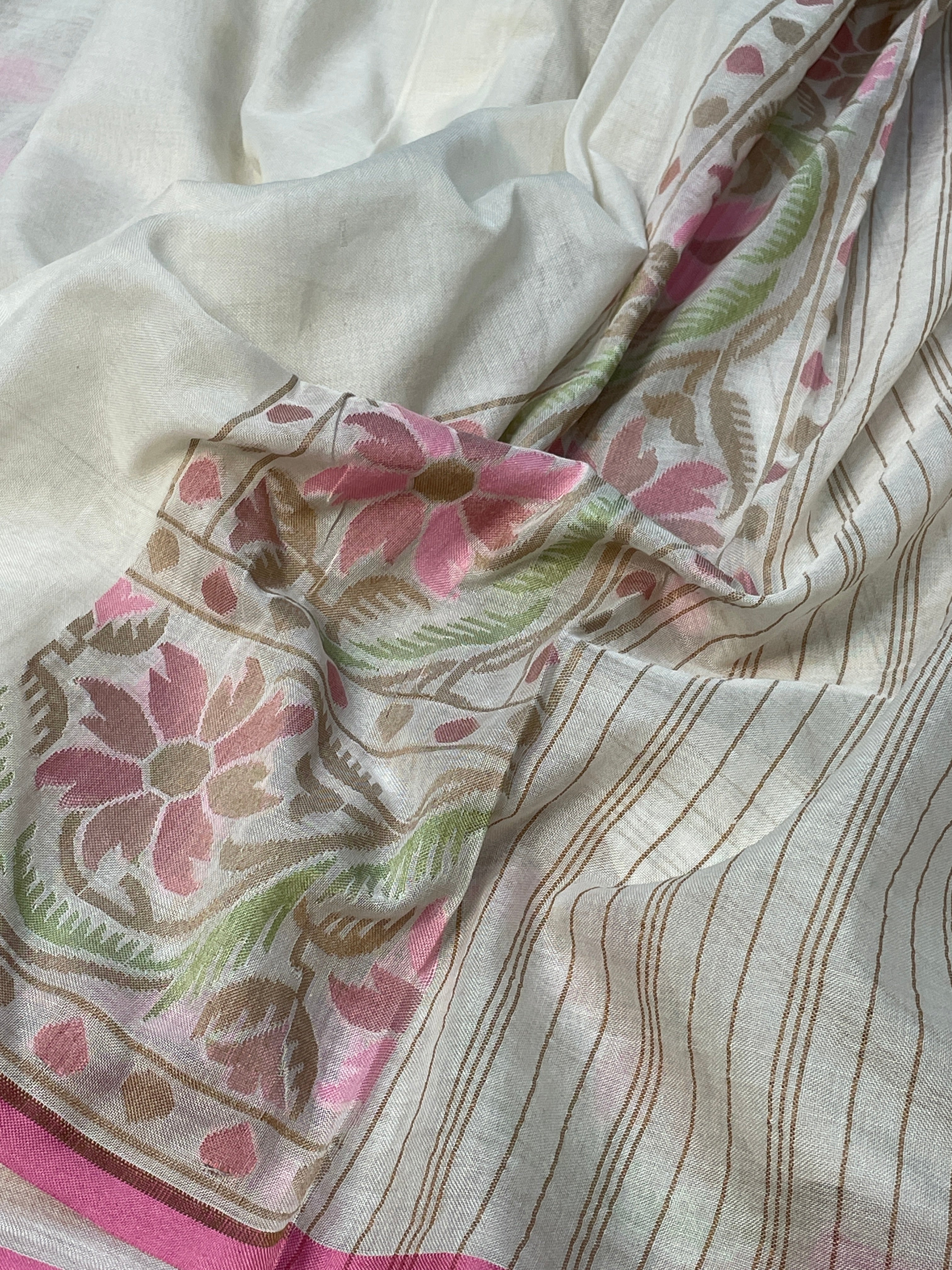 White Banarasi cotton Jamdani handloom Saree