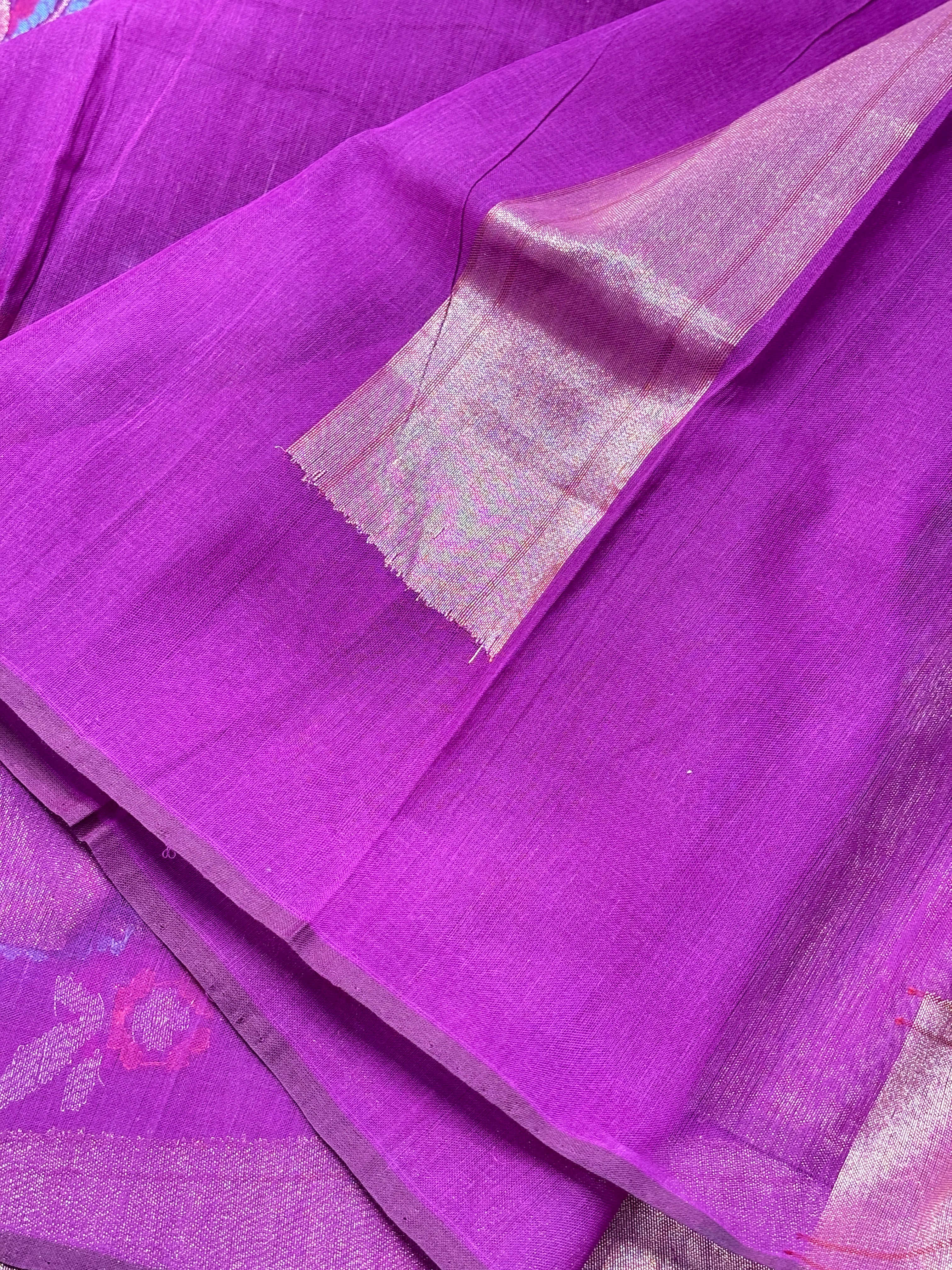 Purple Banarasi Kora Jamdani Silk Handwoven Saree with Real Zari