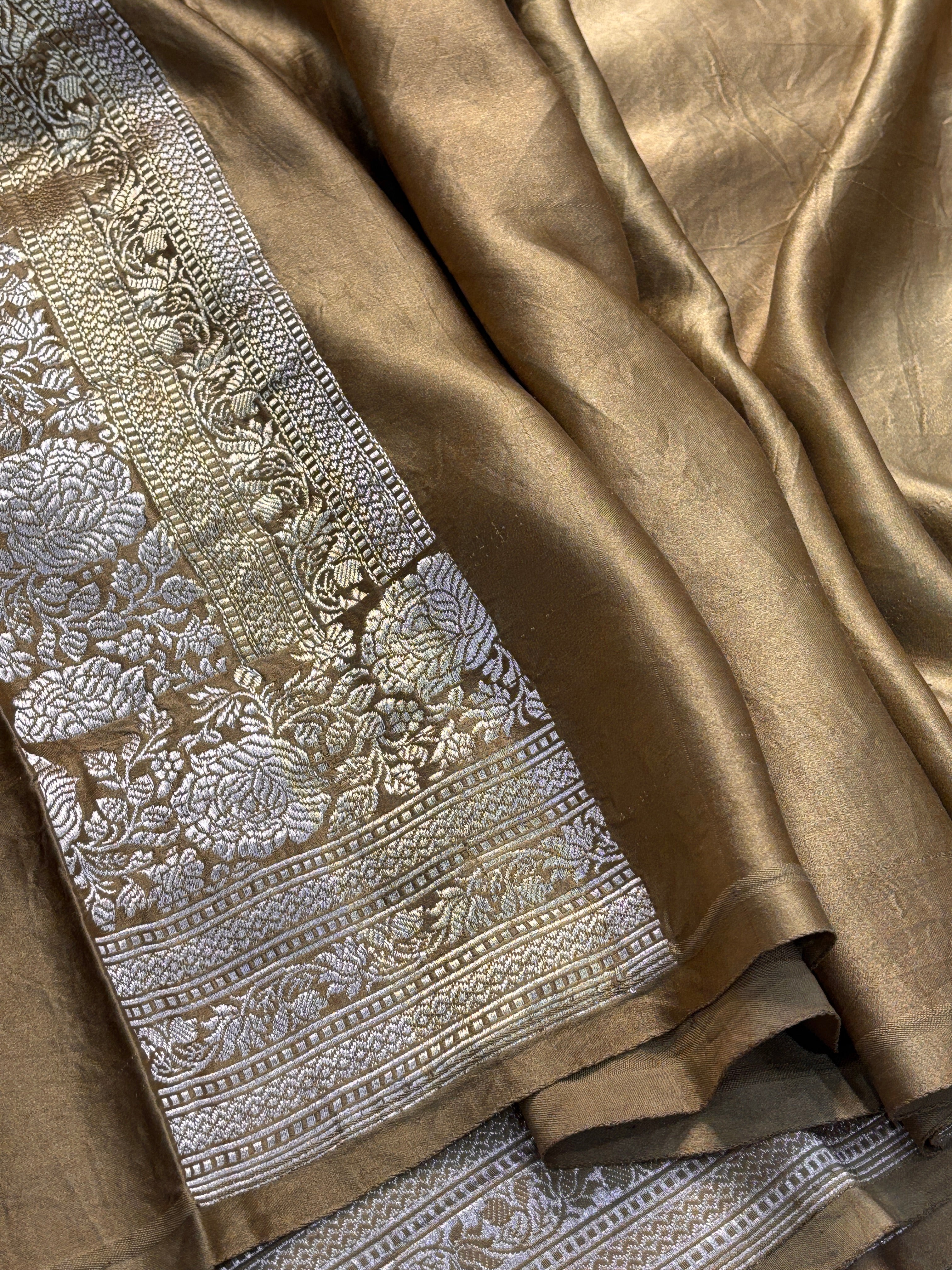 Burnished Gold Banarasi Satin-Mashru Silk Handwoven Saree