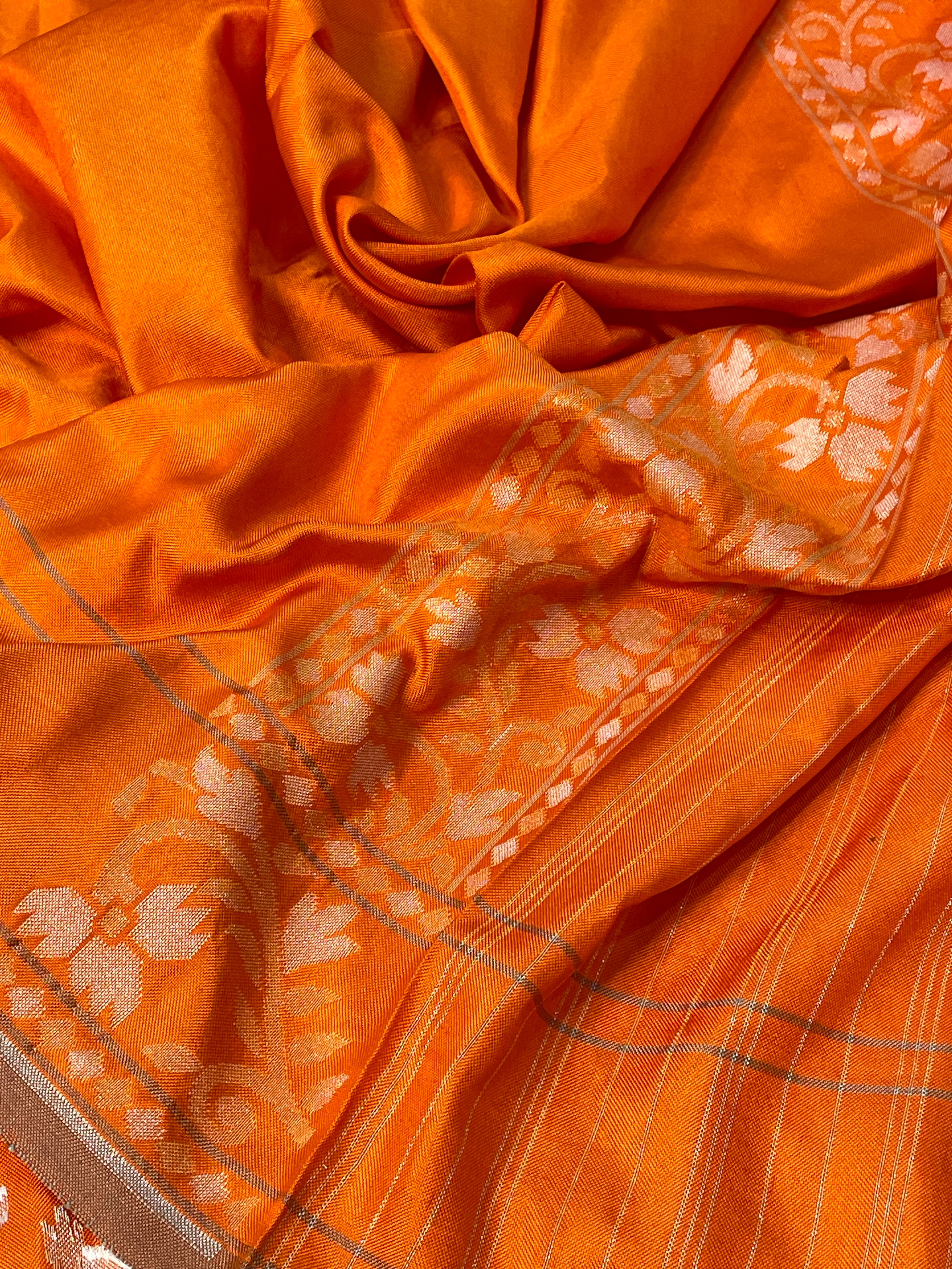 Orange Ektara Silk Jamdani Saree with Zari Weaves