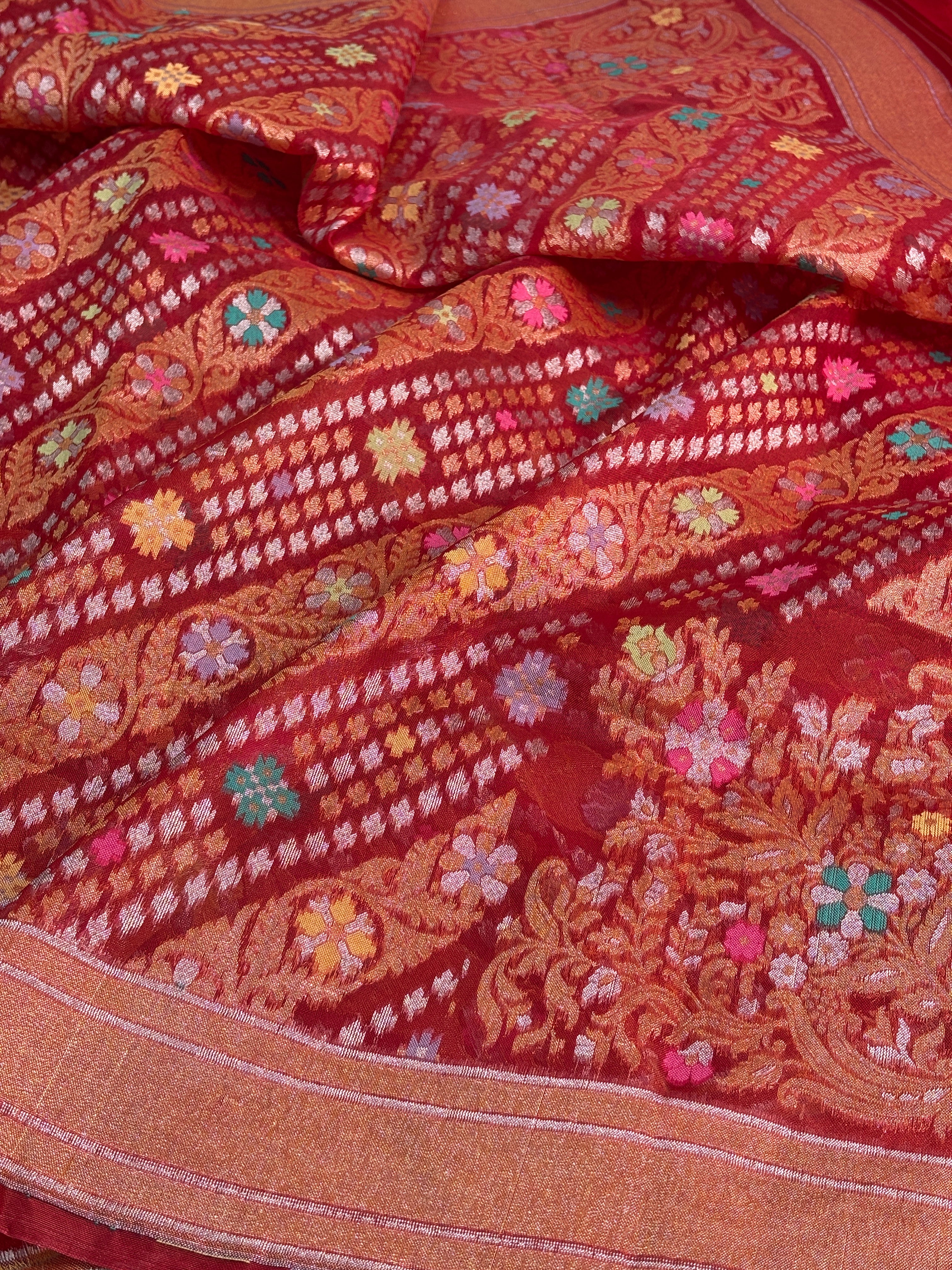 Red Banarasi Kora Jamdani Silk Handwoven Saree