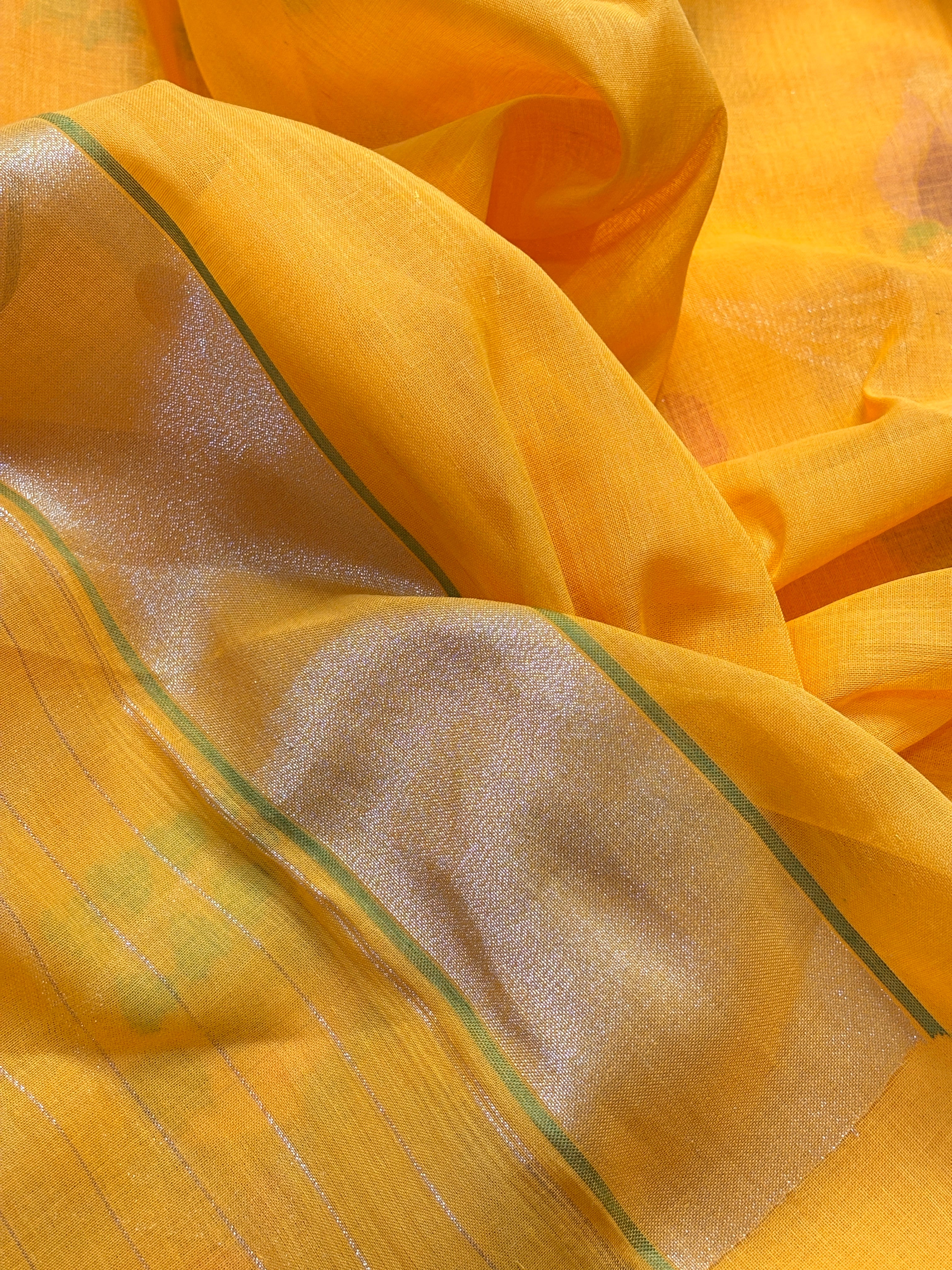 Yellow Banarasi kora cotton Handwoven Saree with Real Zari