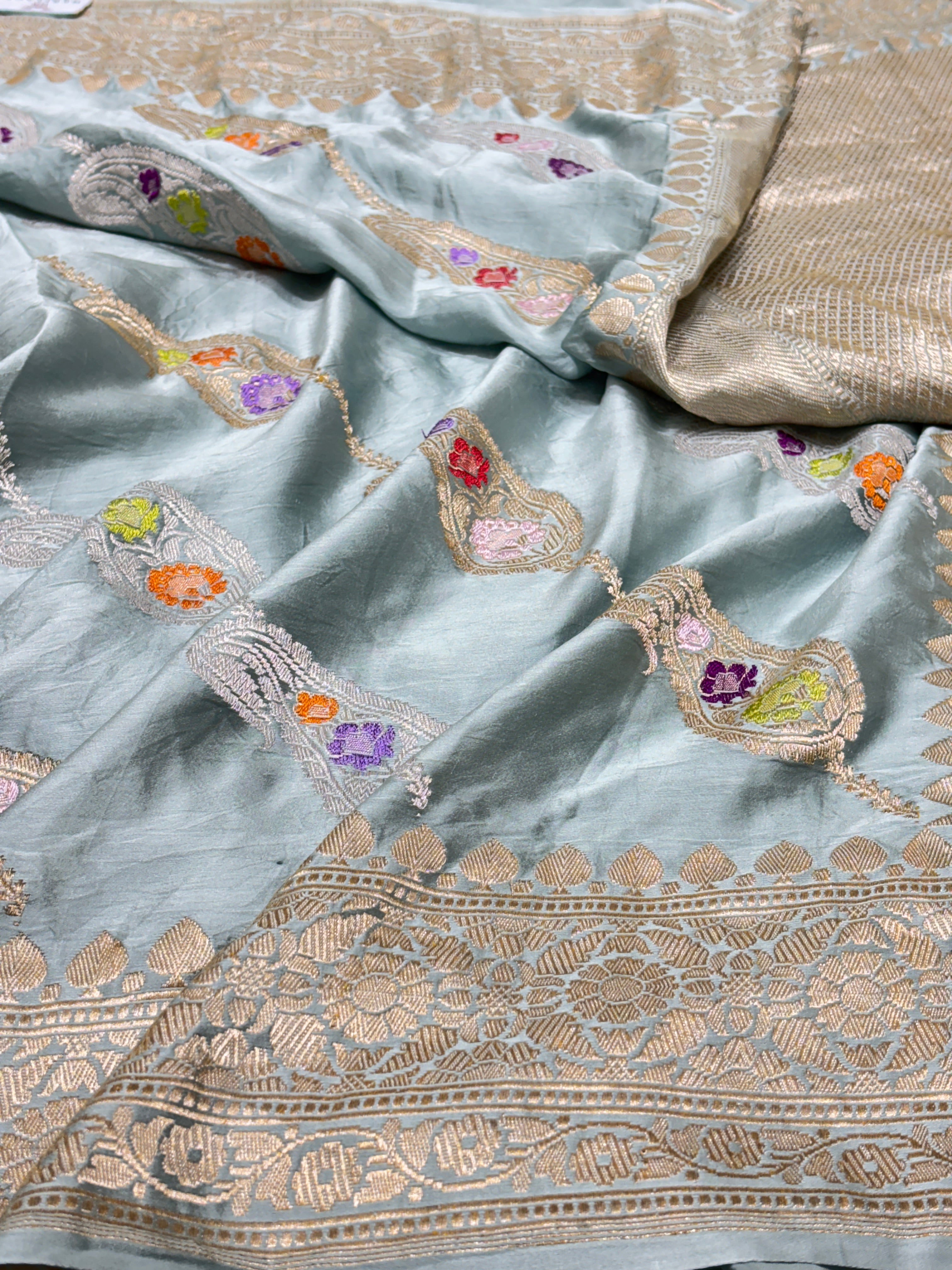 Elegant pastel mint green Banarasi Satin-Mashru Silk Handwoven Saree