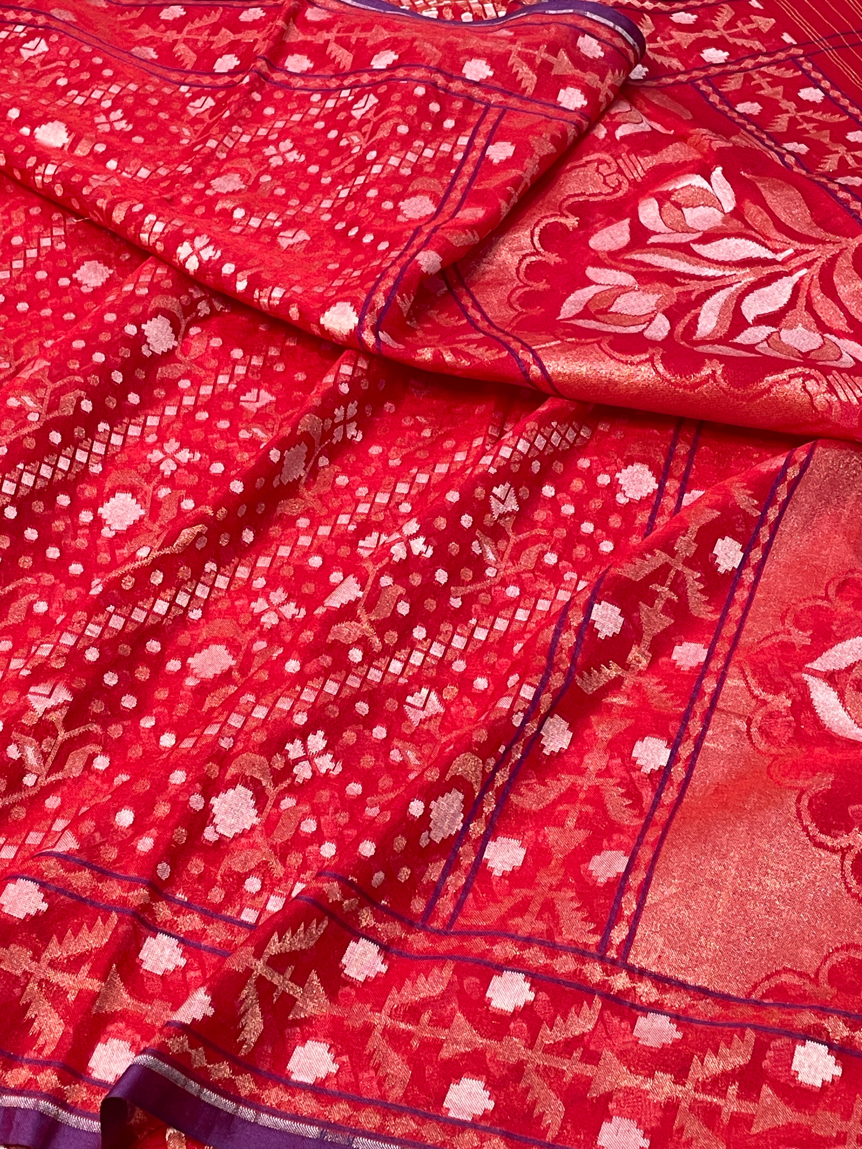 Red Ektara Silk Jamdani Saree with Zari Weaves