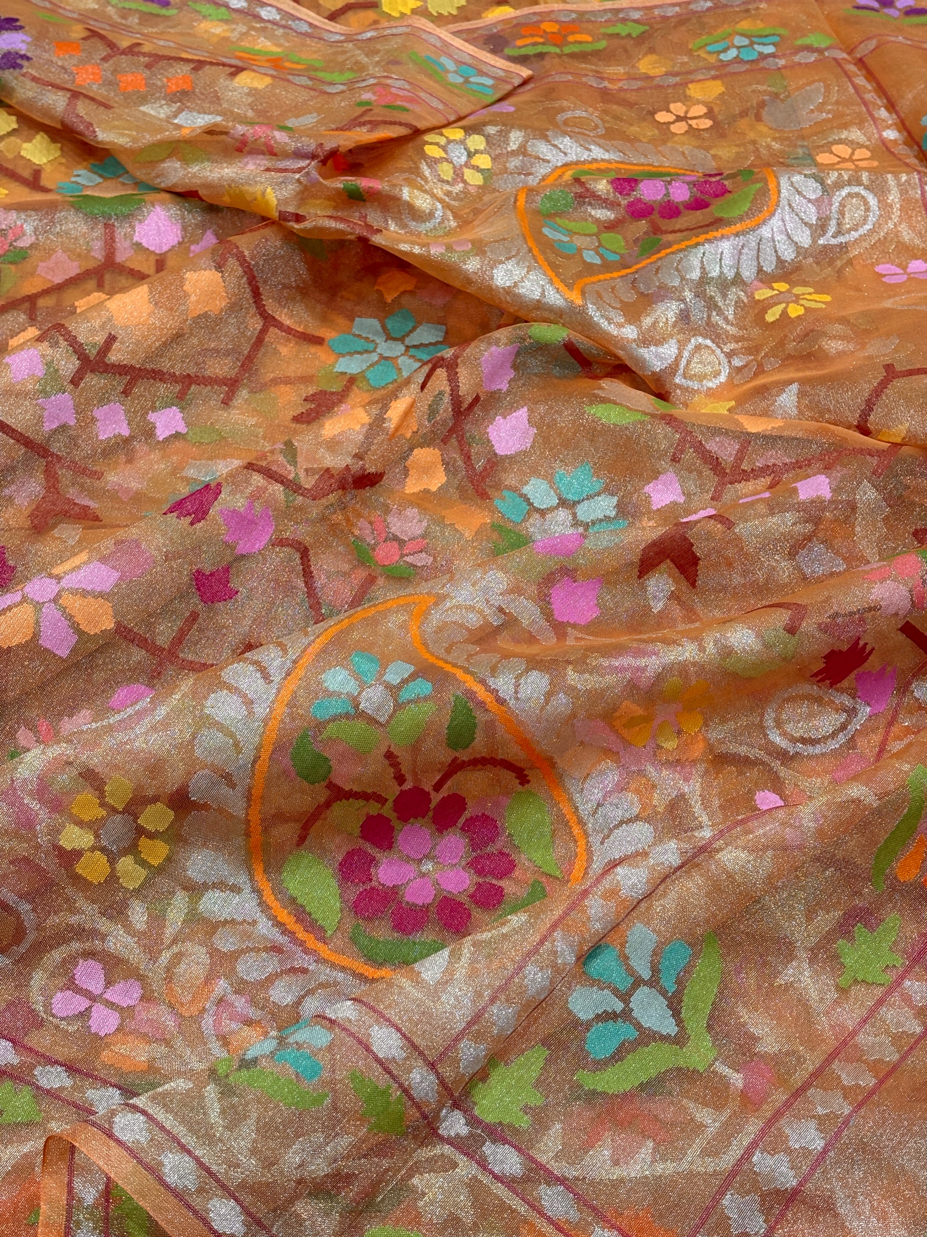 Shimmering Orange Pure Banarasi Tissue Handwoven Saree with Real Zari