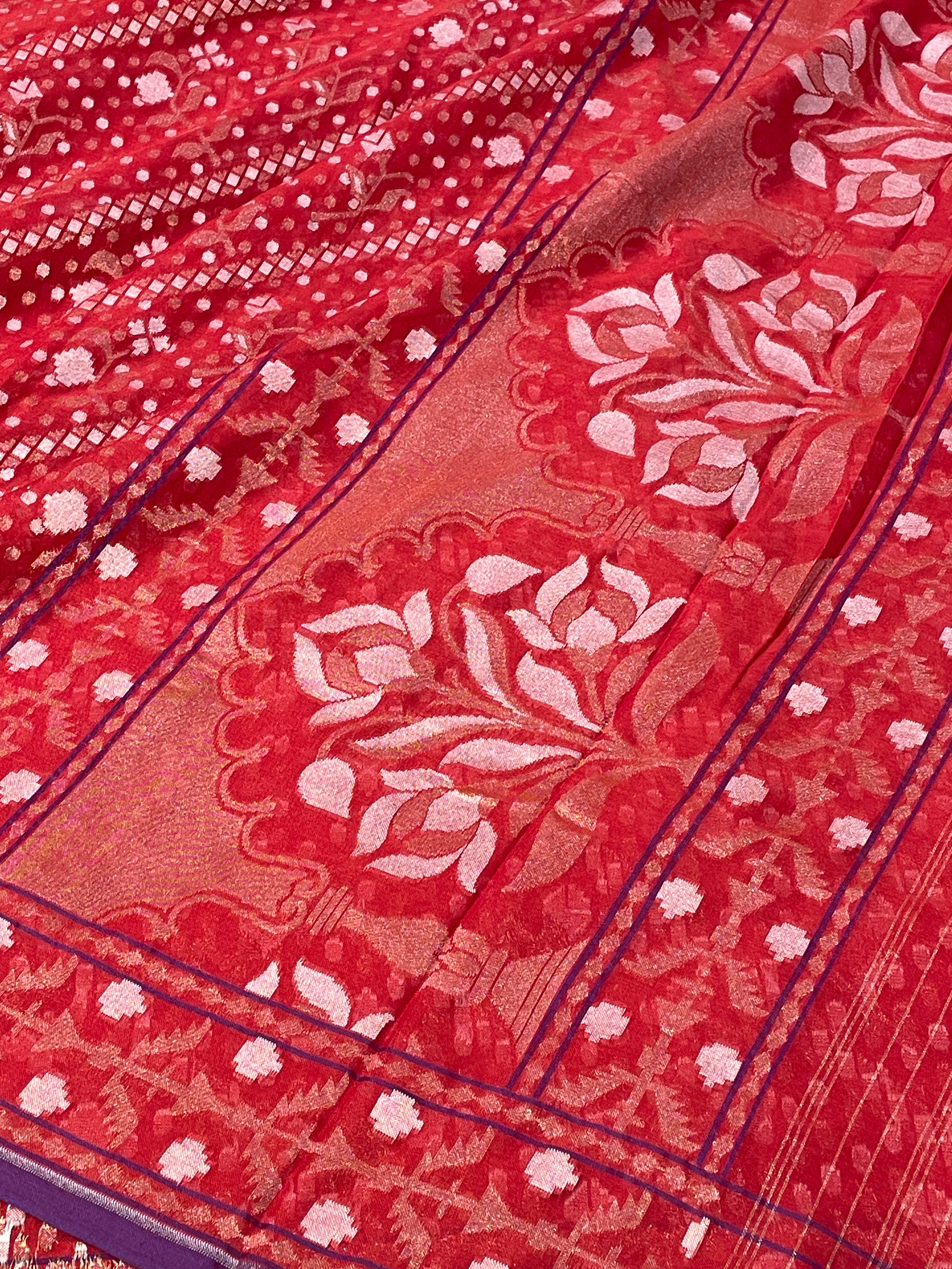 Red Ektara Silk Jamdani Saree with Zari Weaves