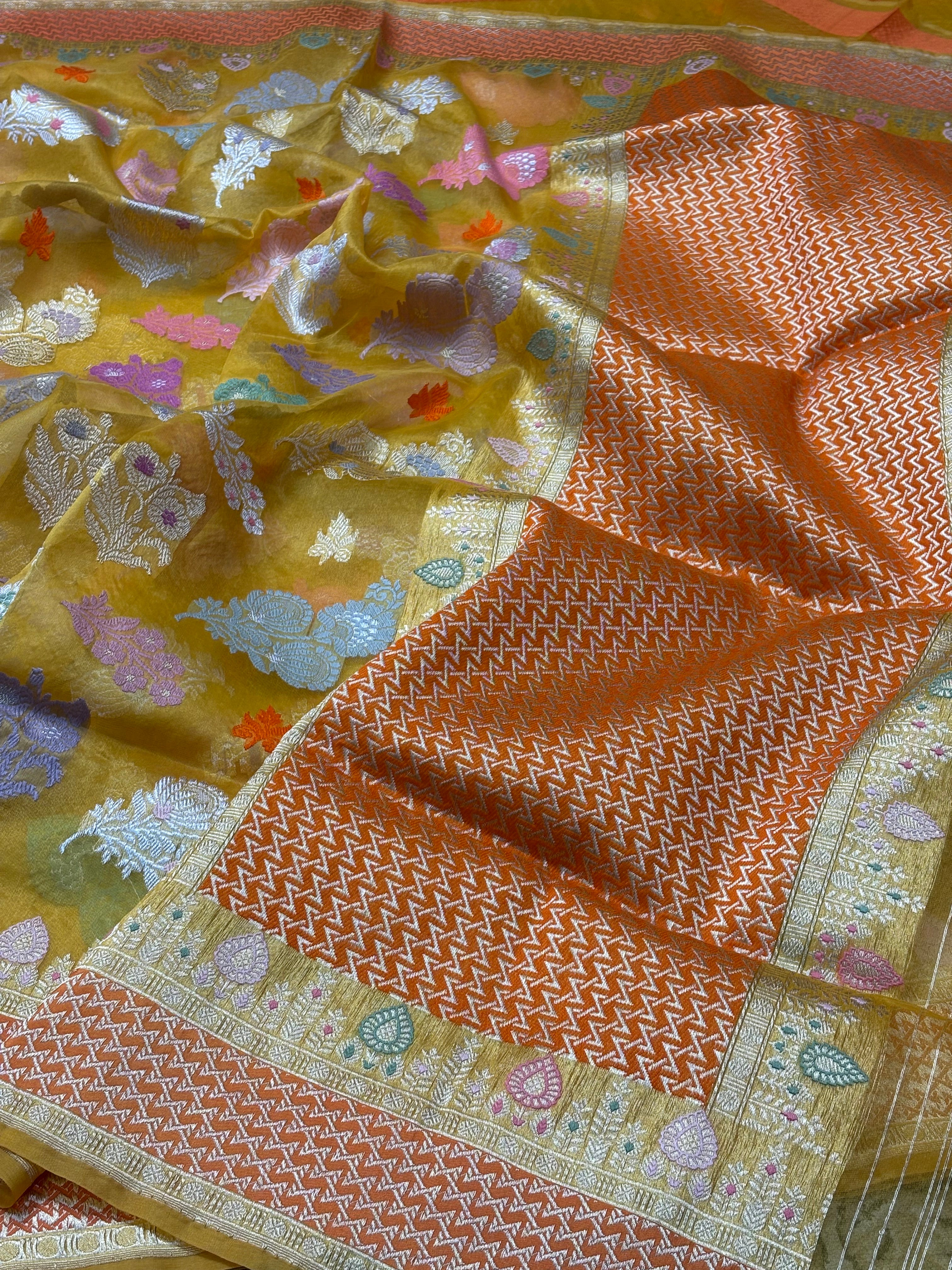 Mango Yellow Banarasi Kora Silk Handwoven Saree
