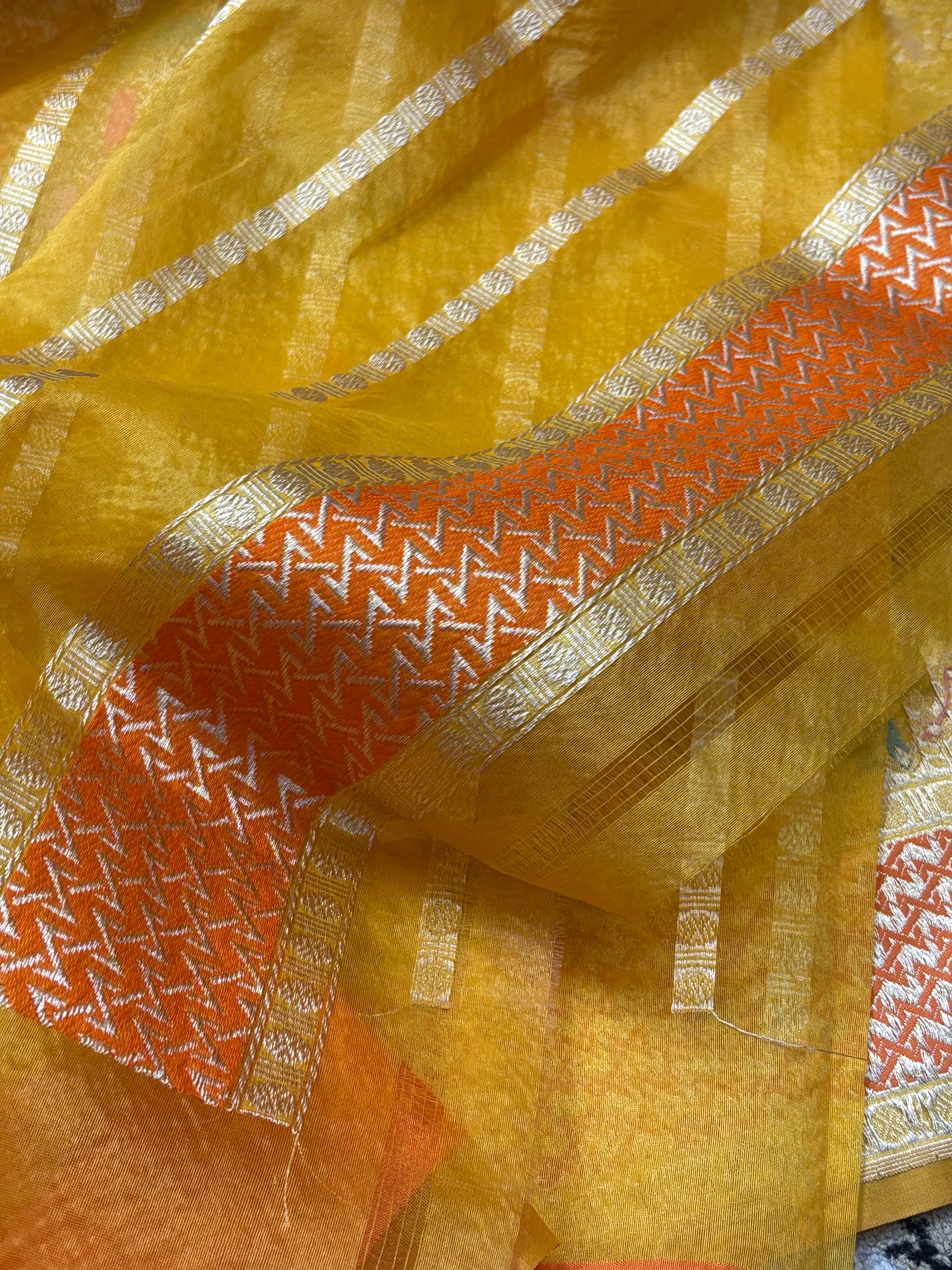 Mango Yellow Banarasi Kora Silk Handwoven Saree