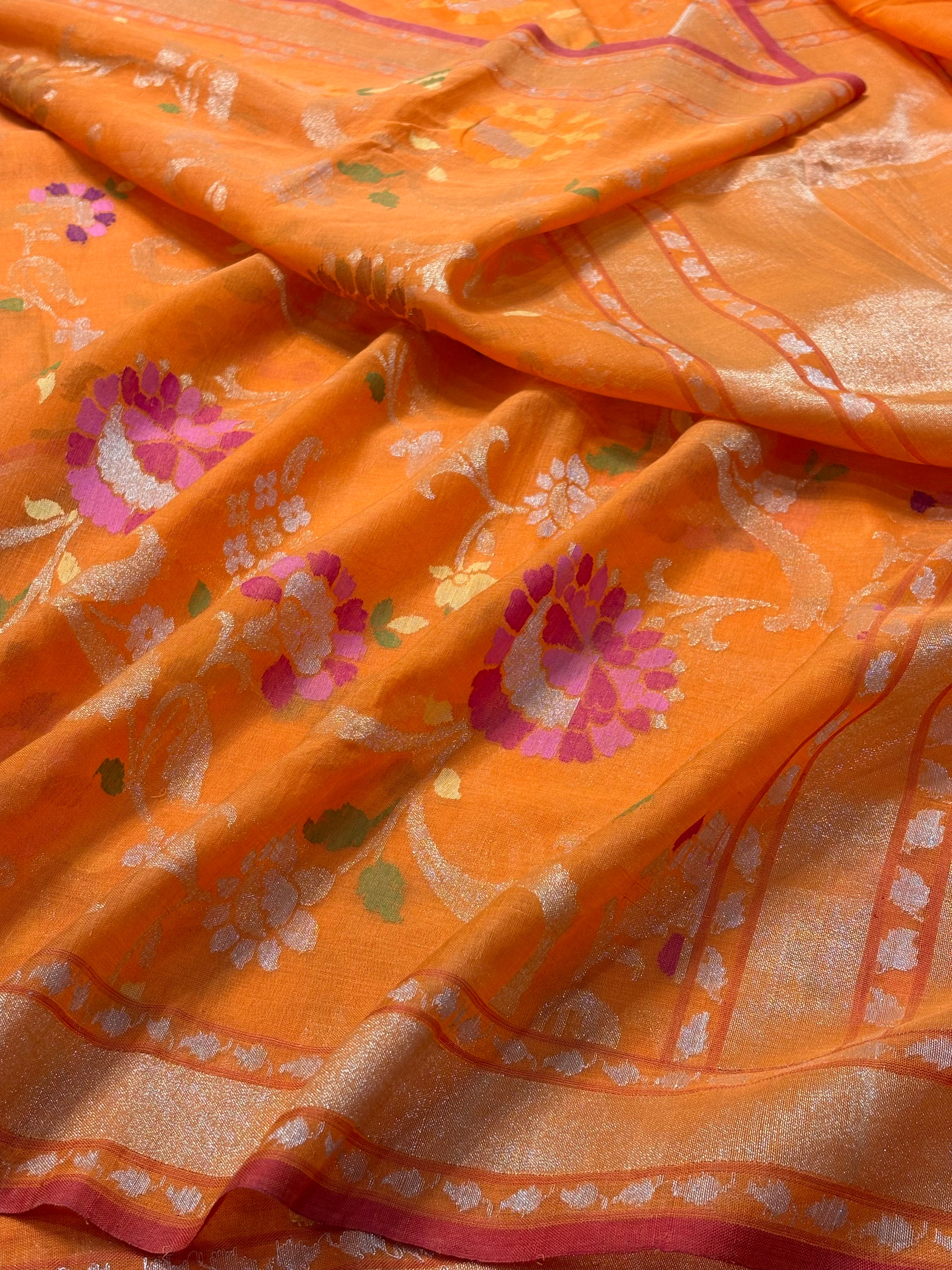 Orange Banarasi Cotton Jamdani Silk Handwoven Saree
