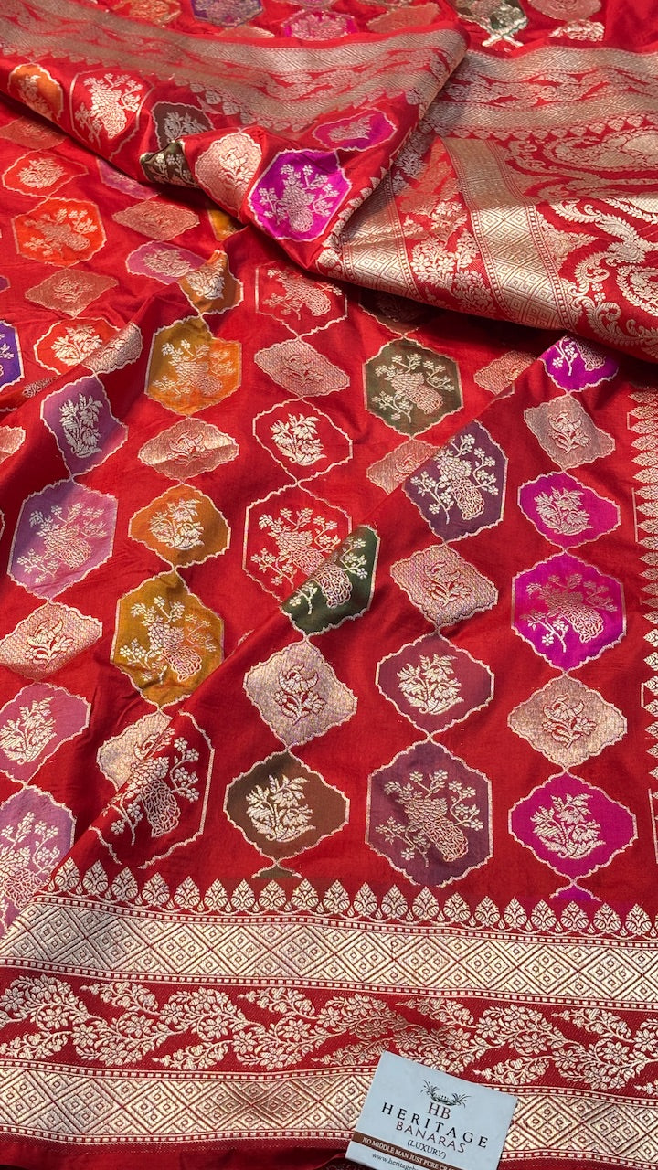 Red Pure Banarasi Katan Silk Saree with Meenakari