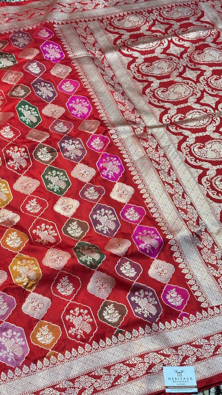 Red Pure Banarasi Katan Silk Saree with Meenakari