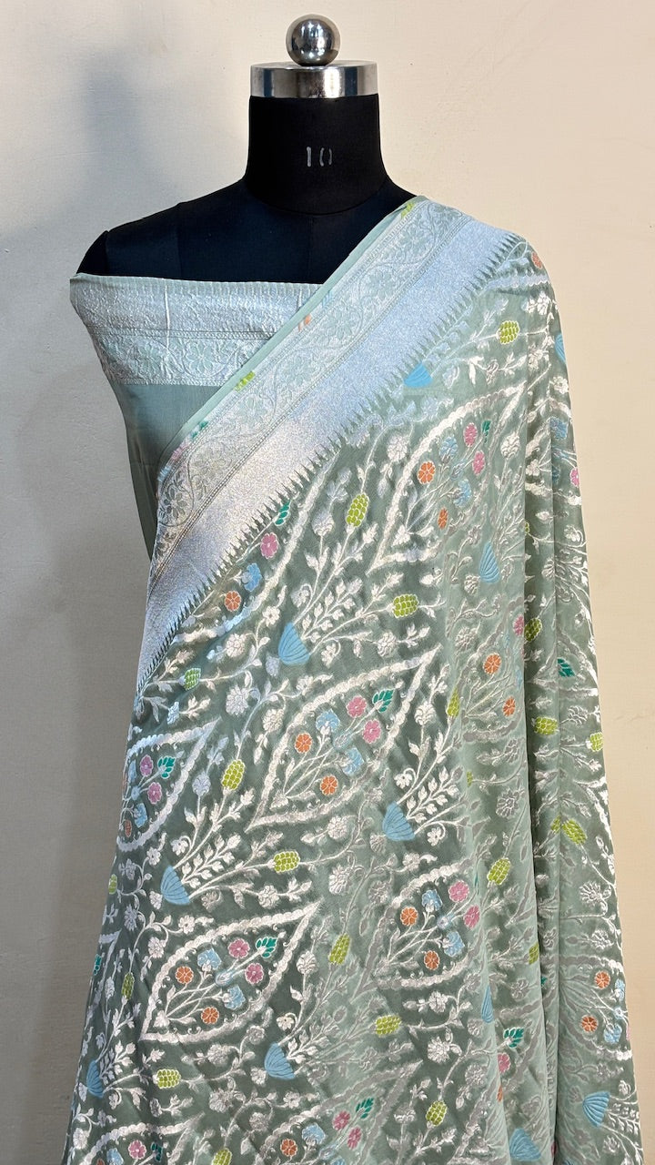 Ice Green Banarasi Pure Chiffon Silk Saree
