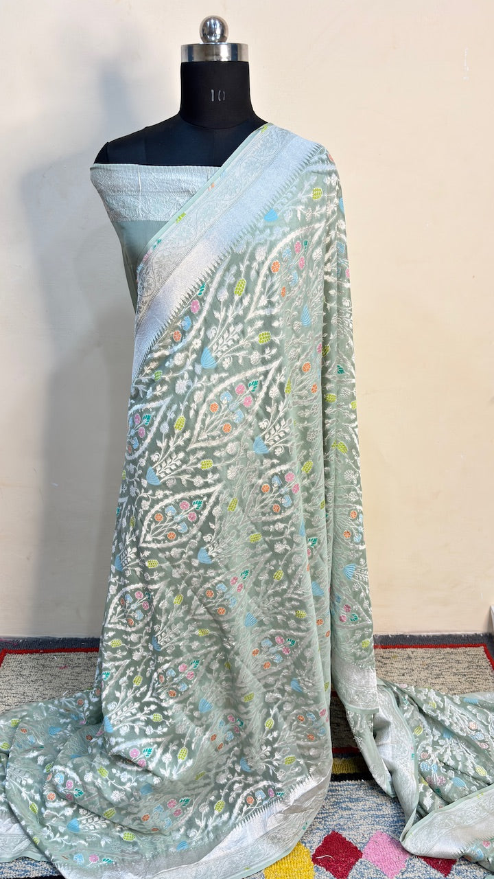 Ice Green Banarasi Pure Chiffon Silk Saree