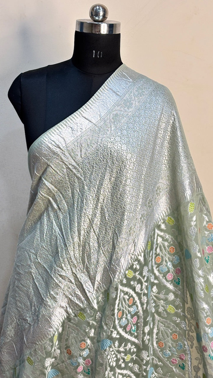 Ice Green Banarasi Pure Chiffon Silk Saree