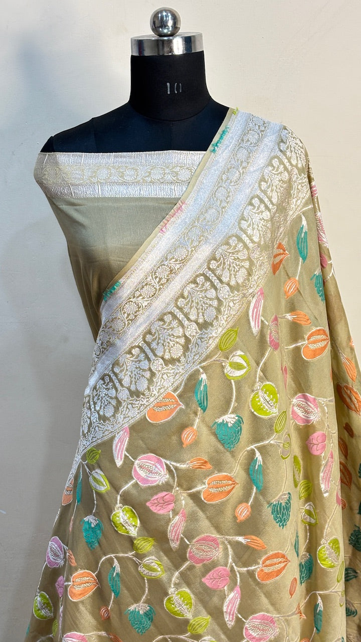 Golden Beige Banarasi Pure Chiffon Silk Saree