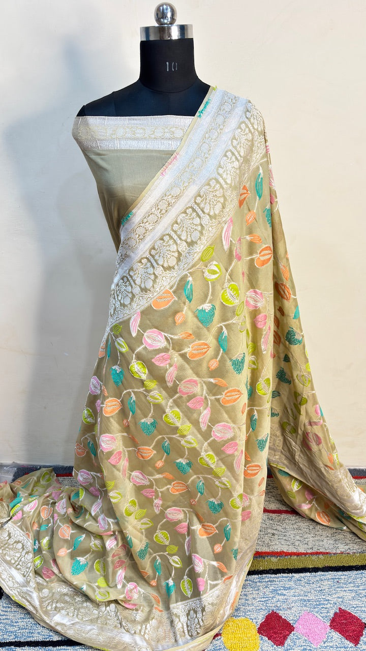 Golden Beige Banarasi Pure Chiffon Silk Saree