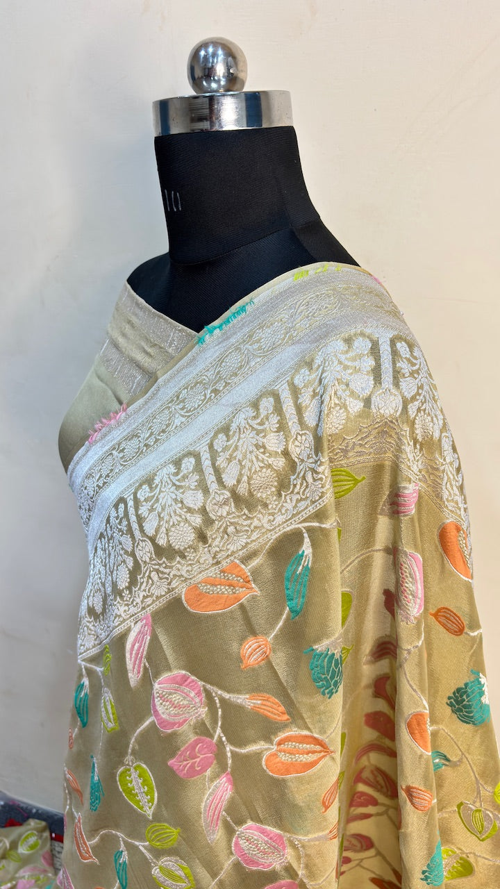 Golden Beige Banarasi Pure Chiffon Silk Saree