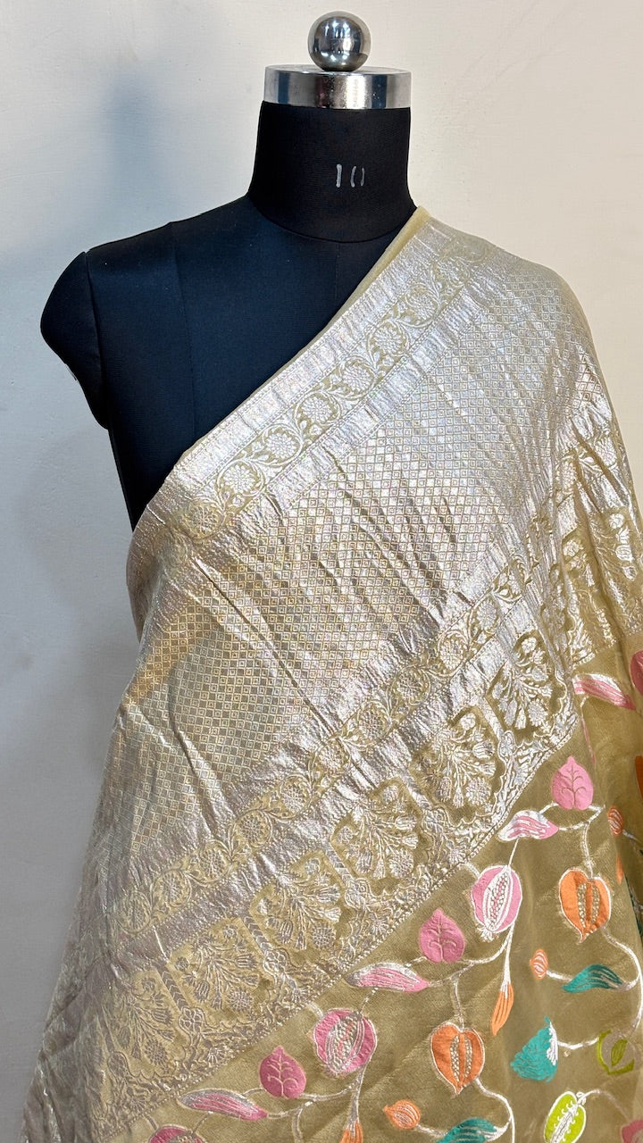Golden Beige Banarasi Pure Chiffon Silk Saree