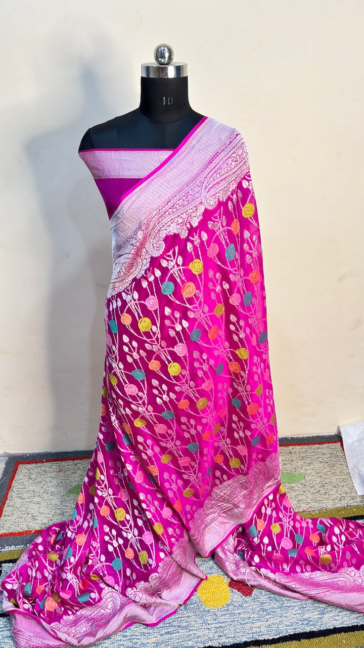 Magenta Pink Banarasi Pure Chiffon Silk Saree