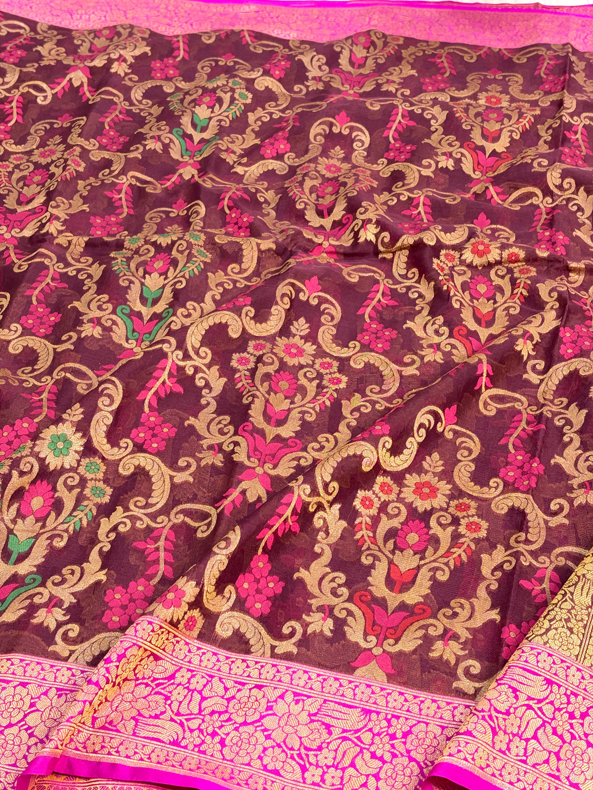 Brown Pure Banarasi Kora Jamdani Saree
