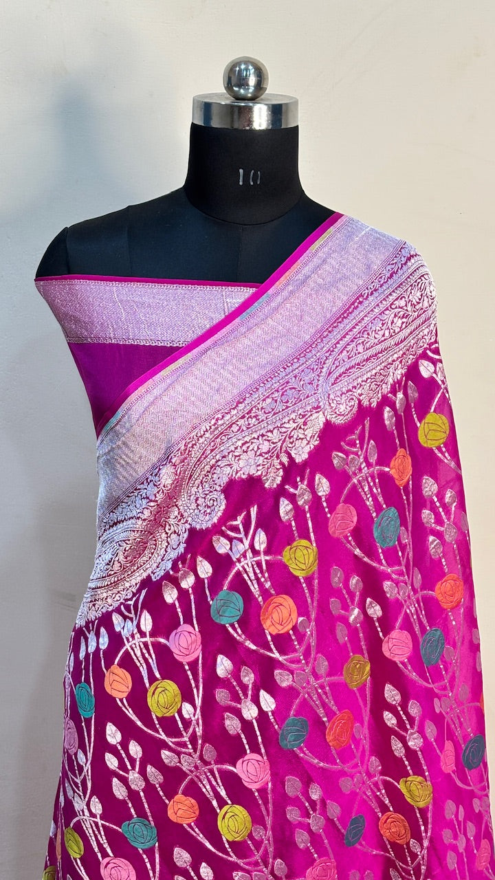 Magenta Pink Banarasi Pure Chiffon Silk Saree