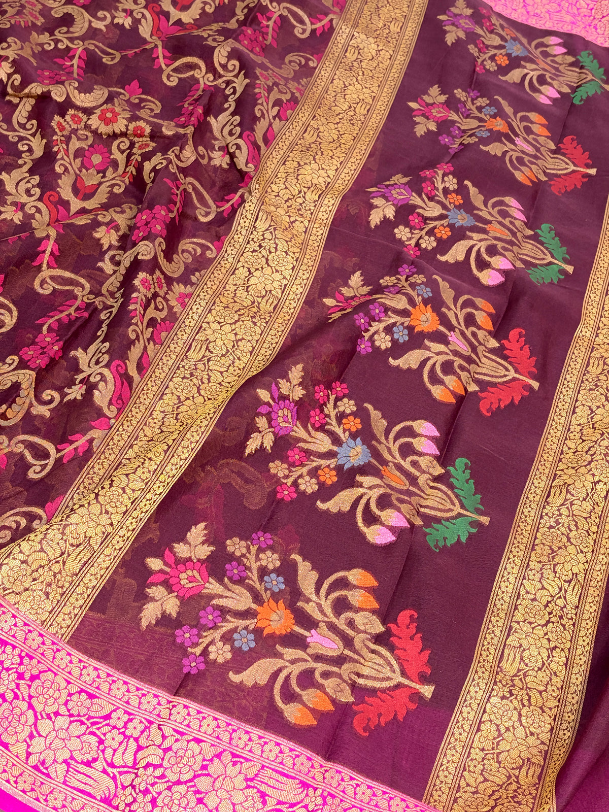 Brown Pure Banarasi Kora Jamdani Saree