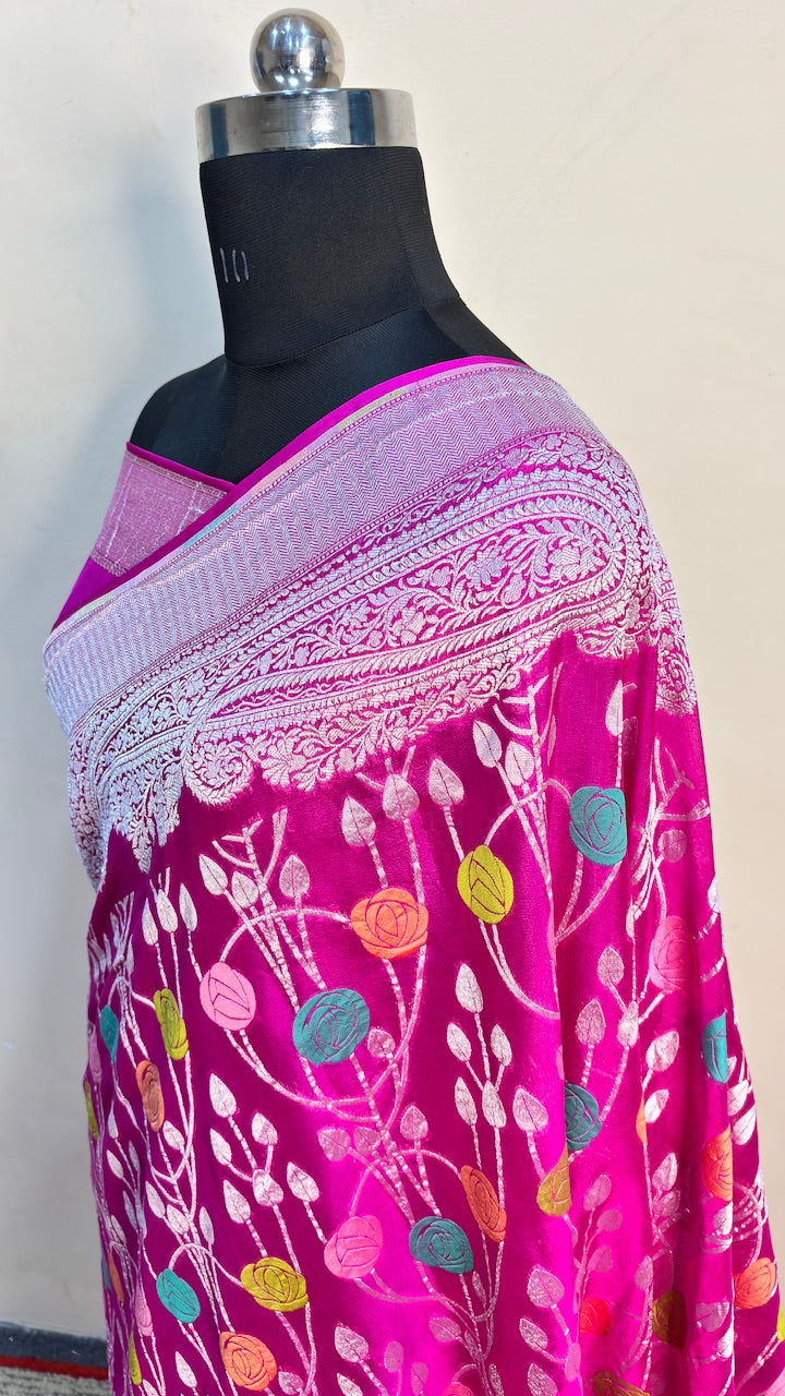 Magenta Pink Banarasi Pure Chiffon Silk Saree