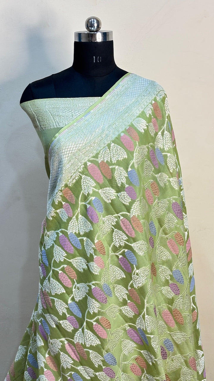 Leaf Green Banarasi Pure Chiffon Silk Saree
