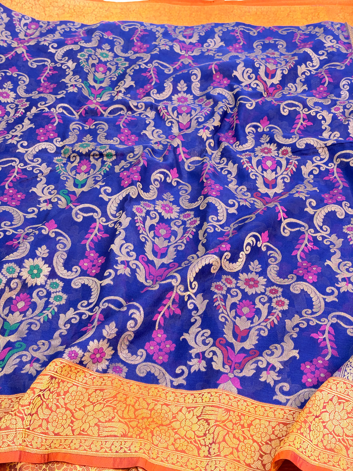 Navy Blue Pure Banarasi Kora Jamdani Saree