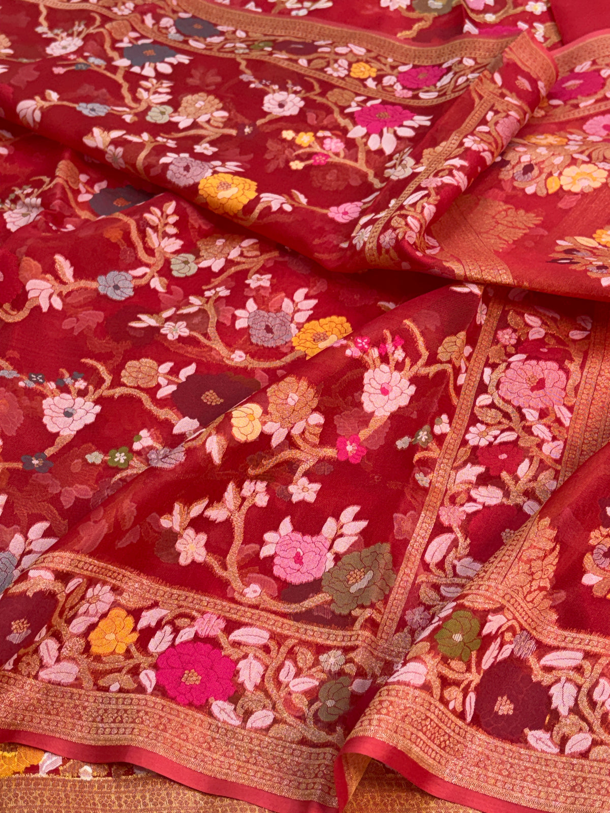 Red Pure Banarasi Kora Jamdani Saree