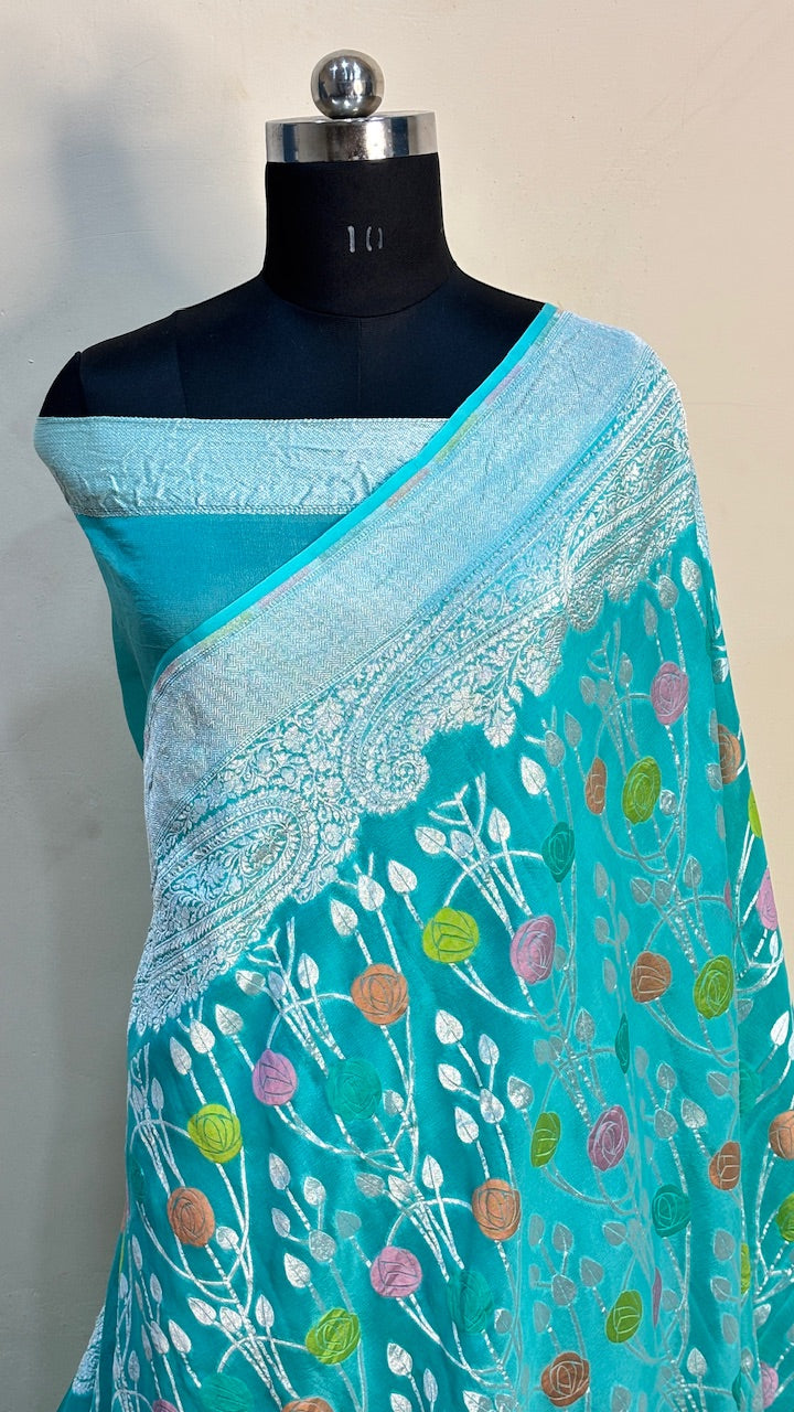 Turquoise Blue Banarasi Pure Chiffon Silk Saree