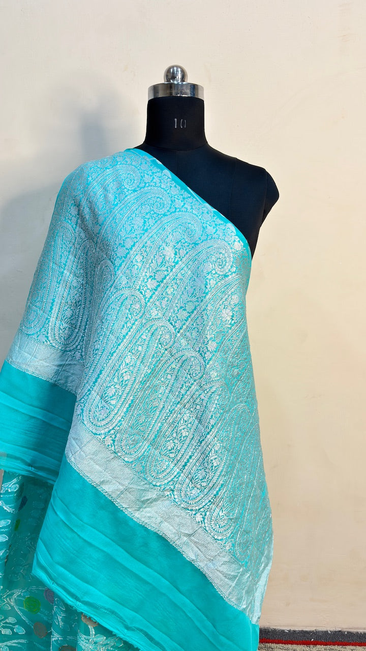 Turquoise Blue Banarasi Pure Chiffon Silk Saree