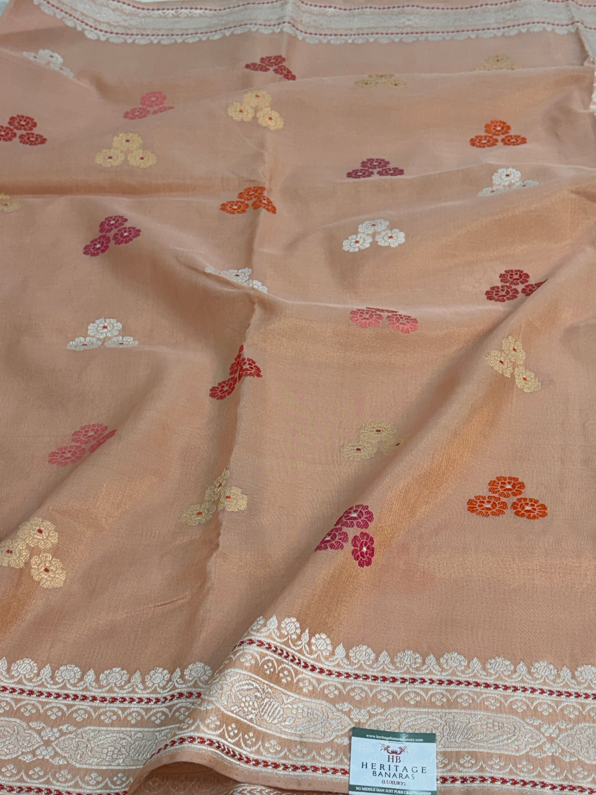Peach Handwoven Pure Banarasi Kora Tissue Saree