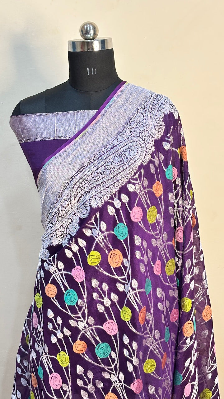 Purple Banarasi Pure Chiffon Silk Saree